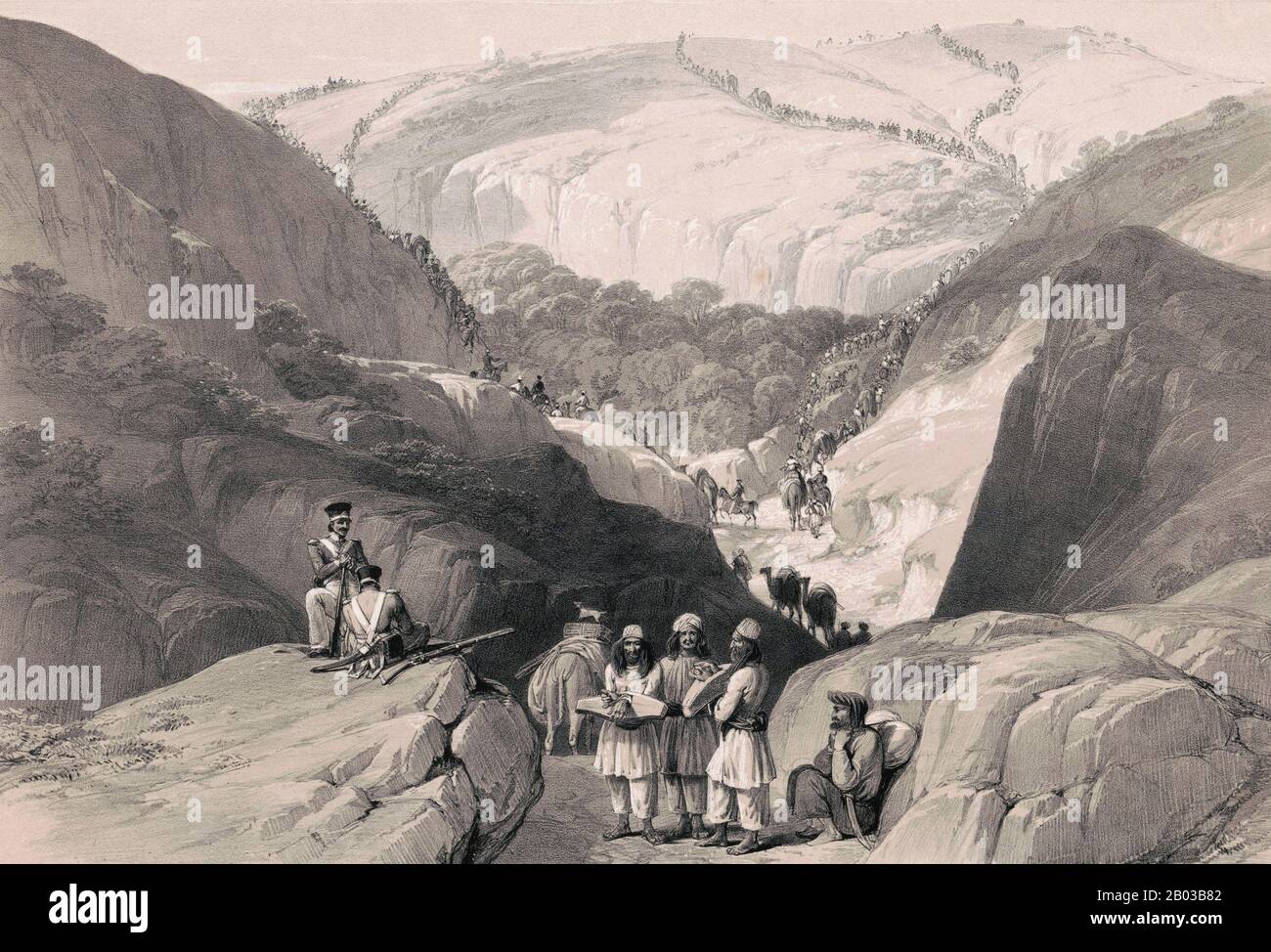 Der Erste Anglo-Afghanische Krieg wurde zwischen Britisch-Indien und Afghanistan von 1832-2 geführt. Es war einer der ersten großen Konflikte während des Großen Spiels, des Wettbewerbs um Macht und Einfluss im 19. Jahrhundert in Zentralasien zwischen dem Vereinigten Königreich und Russland. Und markierte auch einen der schlimmsten Rückschläge, die der britischen Macht in der Region nach der Konsolidierung von British Raj durch die East India Company zugefügt wurden. Stockfoto