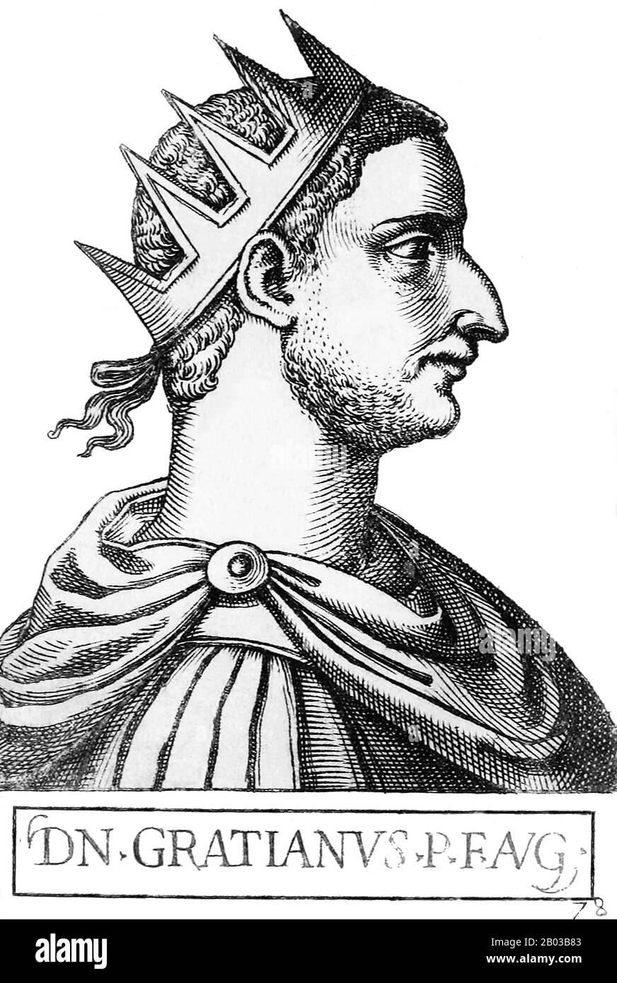 Gratian (359-383) war der Sohn Kaiser Valentinians I. von dessen erster Frau Marina Severa. Gratian wurde 367 zum Augustus, aber als sein Vater 375 starb und die Armee seinen Halbbrüder Valentinian II. Zum Kaiser ausrief, war Gratian gezwungen, die westliche Provinz mit seinen Geschwistern und seiner Stiefmutter zu erfüllen und zu teilen, obwohl die Macht in Wirklichkeit noch von ihm gehalten wurde. Stockfoto