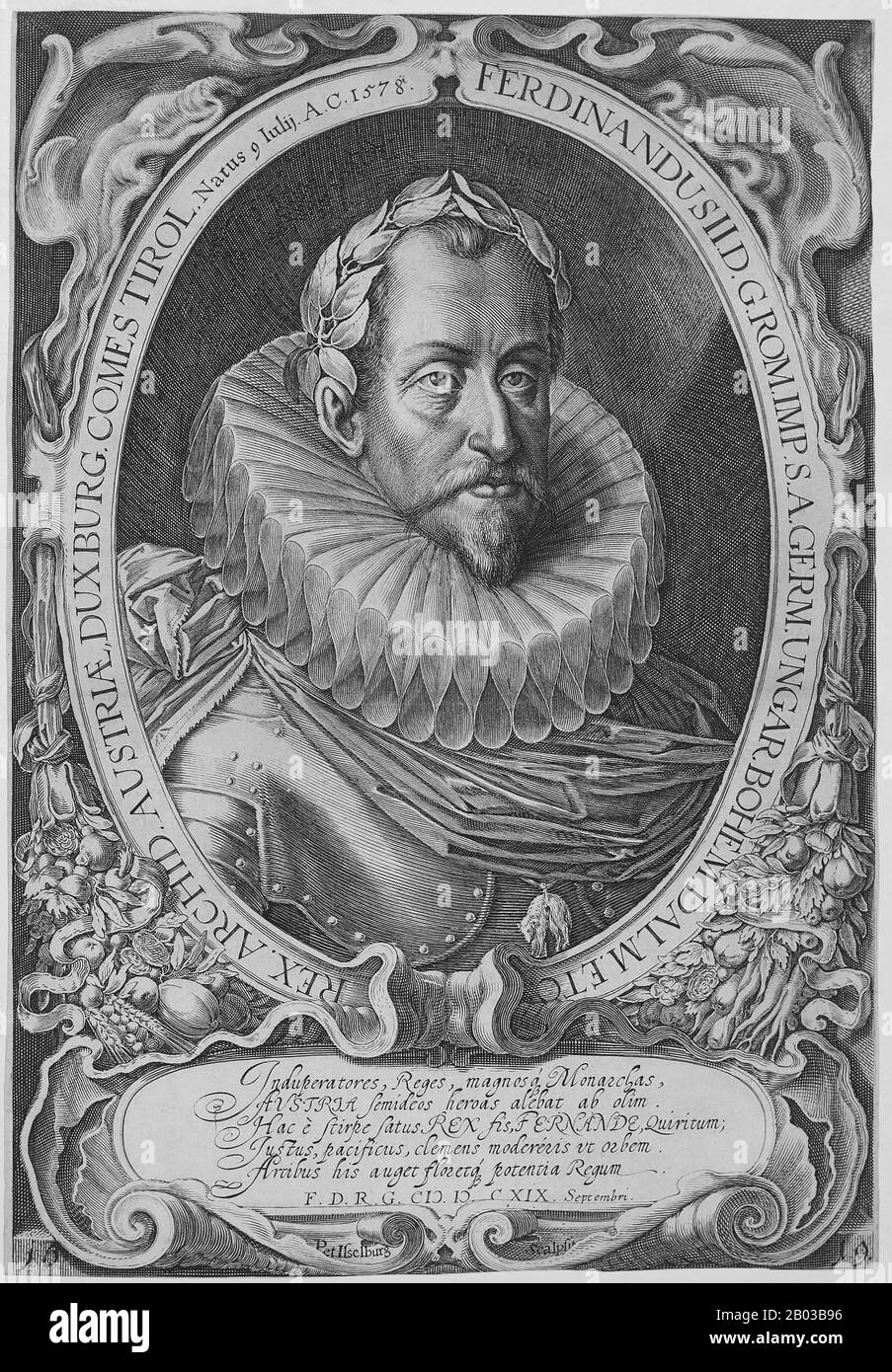Ferdinand II. (1578-1637) war der Sohn von Karl II., Erzherzog von Österreich, und Enkel von Kaiser Ferdinand I. Ferdinand war Teil einer katholischen Fraktion, die sich gegen seinen Vetter Kaiser Matthias richtete, der dem Protestantismus gegenüber toleranter war. Er wurde 1617 König von Böhmen, 1618 König von Ungarn und stieg 1619 nach dem Tod seines Vetters zum Heiligen römischen Kaiser auf. Stockfoto