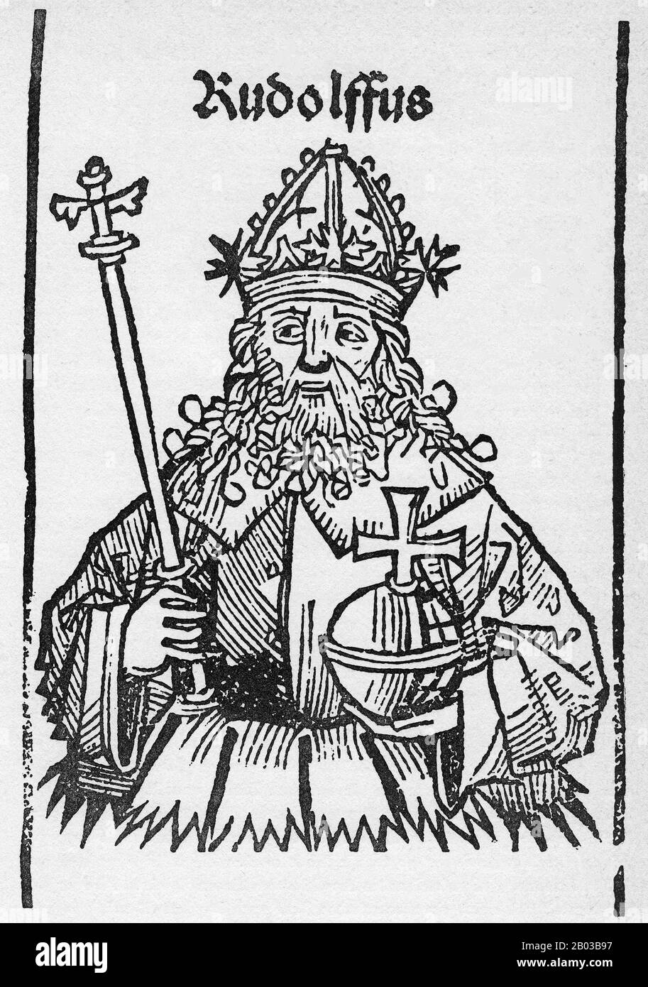Rudolf I. (1218-1291), auch bekannt als Rudolf von Habsburg, war der Sohn des Graf Albert IV. Von Habsburg und wurde nach dem Tod seines Vaters 1239 Graf. Sein Pate war Kaiser Friedrich II., dem er häufige Gerichtsbesuche abstattete. Rudolf beendete das Große Interregnum, das das Heilige Römische Reich nach dem Tod Friedrichs verhüllt hatte, als er 1273 zum König von Deutschland gewählt wurde. Stockfoto