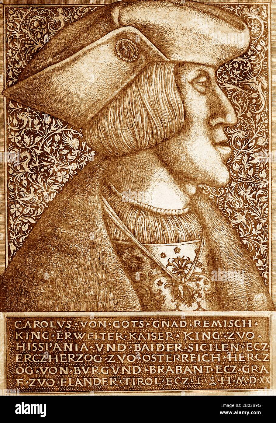 Karl V. (24. Februar 1500 - 21. September 1558) war ab 1519 sowohl der Herr des Heiligen römischen Imperiums als auch des spanischen Kaiserreichs (als Karl I. von Spanien) von 1516 als auch der Länder des ehemaligen Herzogthums von Burgunden von 1506. Von diesen und anderen Positionen trat er durch eine Reihe von Abwendungen zwischen 1554 und 1556 zurück. Stockfoto