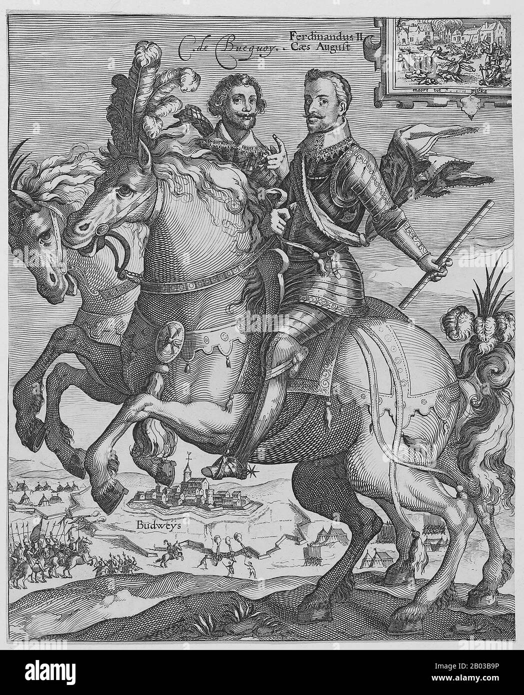 Ferdinand II. (1578-1637) war der Sohn von Karl II., Erzherzog von Österreich, und Enkel von Kaiser Ferdinand I. Ferdinand war Teil einer katholischen Fraktion, die sich gegen seinen Vetter Kaiser Matthias richtete, der dem Protestantismus gegenüber toleranter war. Er wurde 1617 König von Böhmen, 1618 König von Ungarn und wurde 1619 nach dem Tod seines Vetters Heiliger römischer Kaiser. Stockfoto
