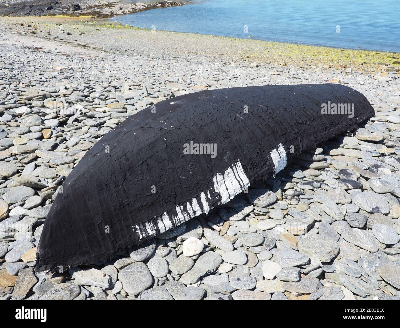 Traditionelles irisches curragh - Segeltuch bedecktes Boot mit Teer bemalt - am Scotchport Beach, am Mullet, Erris, Co. Mayo, Irland, hochgestopt Stockfoto