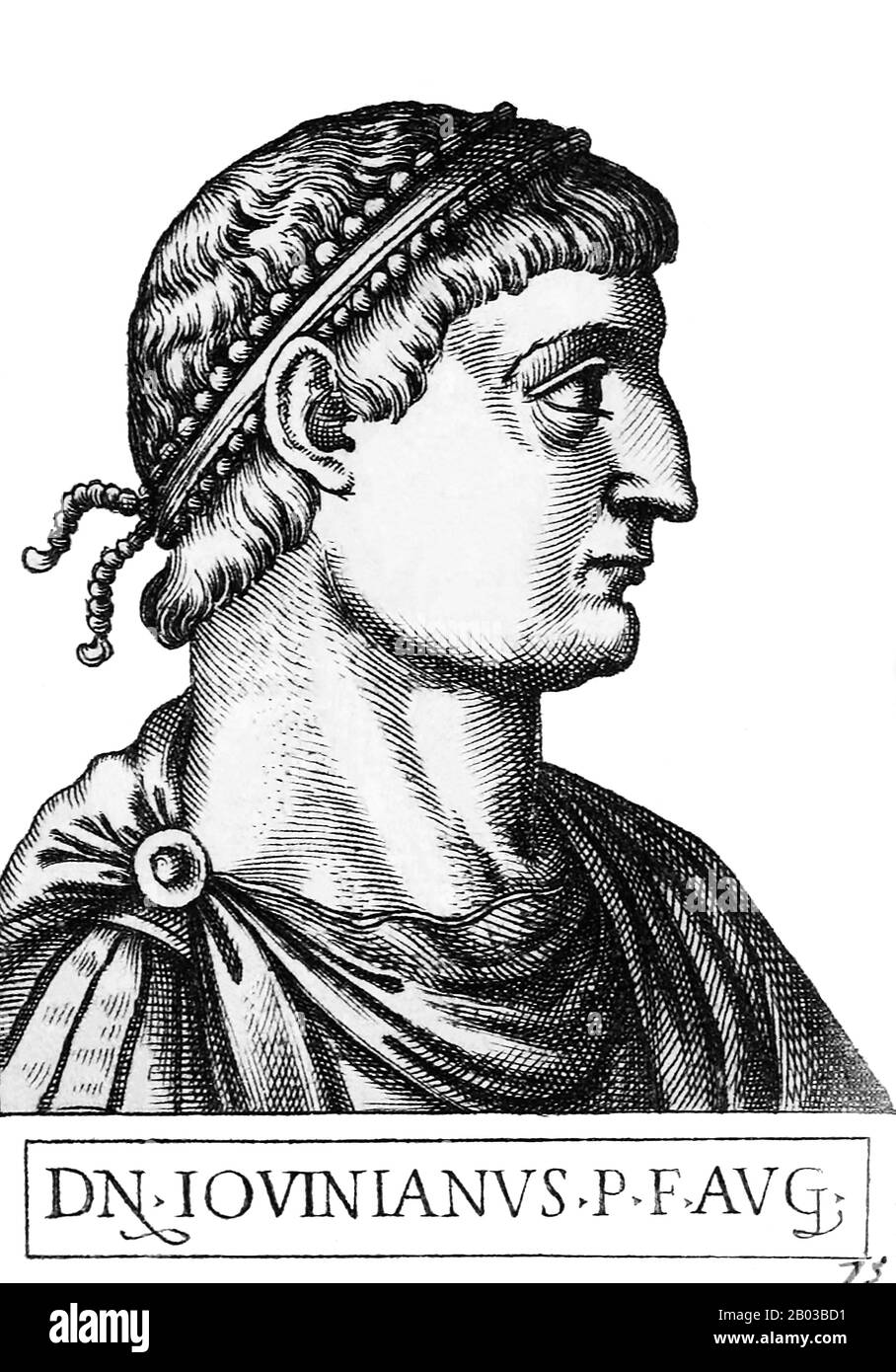Jovian (331-364) war der Sohn des Varronianus, des Befehlshabers der kaiserlichen Leibgarde von Kaiser Constantius II. Jovian erhob sich schließlich zum gleichen Kommando wie sein Vater und diente unter Kaiser Julian gegen das Sassanidenreich. Als Julian 363 während der Kämpfe an einer tödlichen Wunde starb, wurde Jovian Kaiser, nachdem andere es abgelehnt hatten, den Purpur zu ziehen. Stockfoto