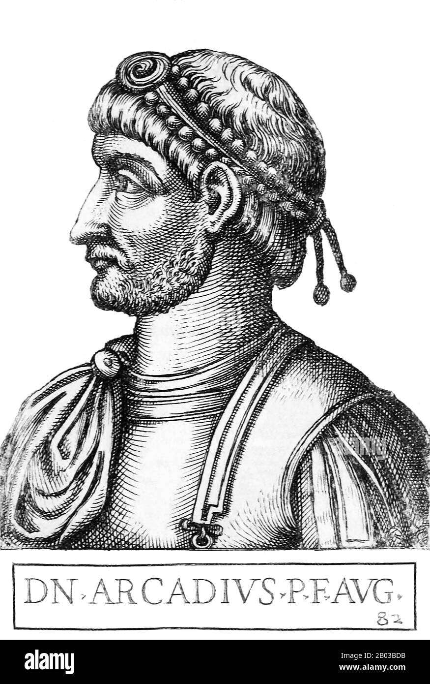 Arcadius (377-408) war der älteste Sohn des in Hispanien geborenen Kaiser Theodosius I. Er wurde 383 zum Mitherrscher des Ostens erklärt. Als sein Vater 395 starb, wurde Arcadius Kaiser des Ostens und regierte mit seinem Bruder Honorius im Westen das Römische Reich. Stockfoto