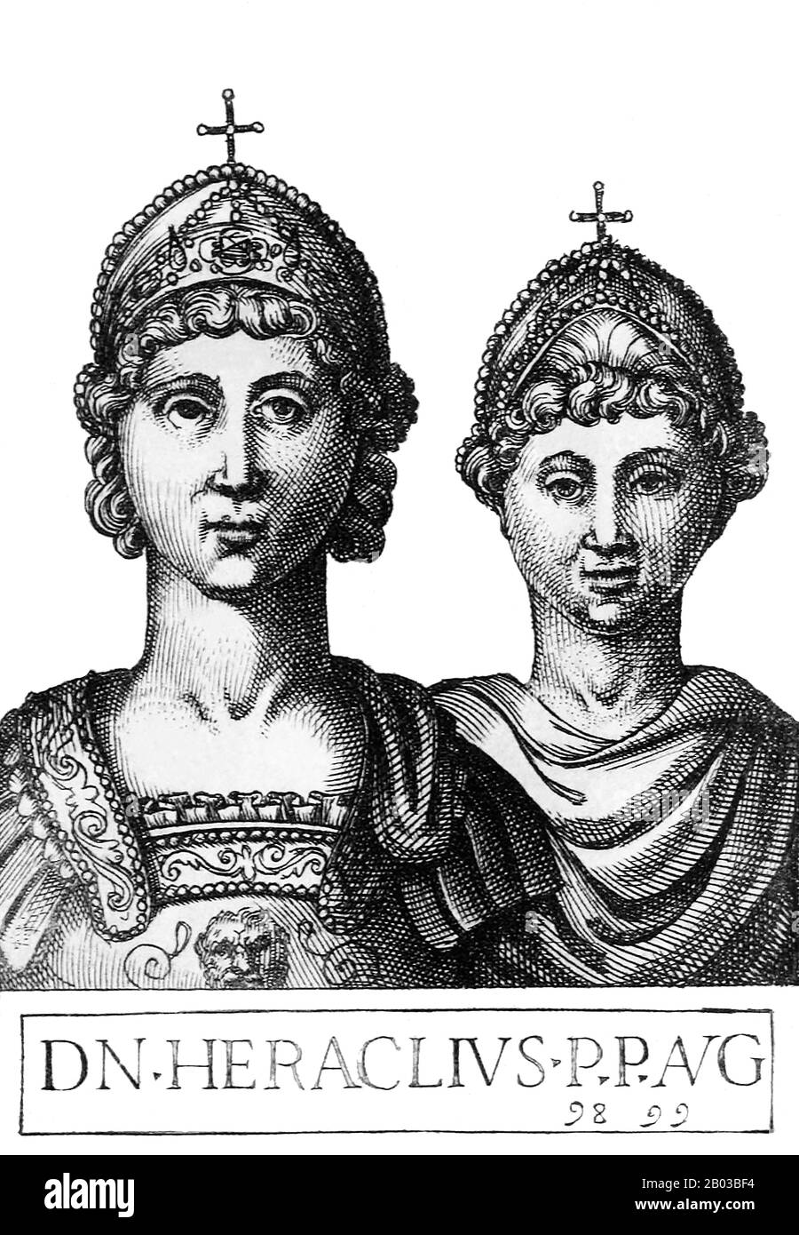 Konstantin III. (612-641), Geburtsname Heraclius Novus Constantinus, war der älteste Sohn des Kaiser Heraclius von dessen erster Frau Eudokia. 613 wurde er zum Mitkaiser ernannt. Konstantin wurde 641 nach dem Tod seines Vaters Oberkaiser und regierte neben seinem jüngeren Halbbrüder Heraklonas (626-641), Sohn von Heraclius' zweiter Frau Martina. Heraklonas regierte offiziell unter dem Namen Flavius Constantinus Heraclius. Stockfoto