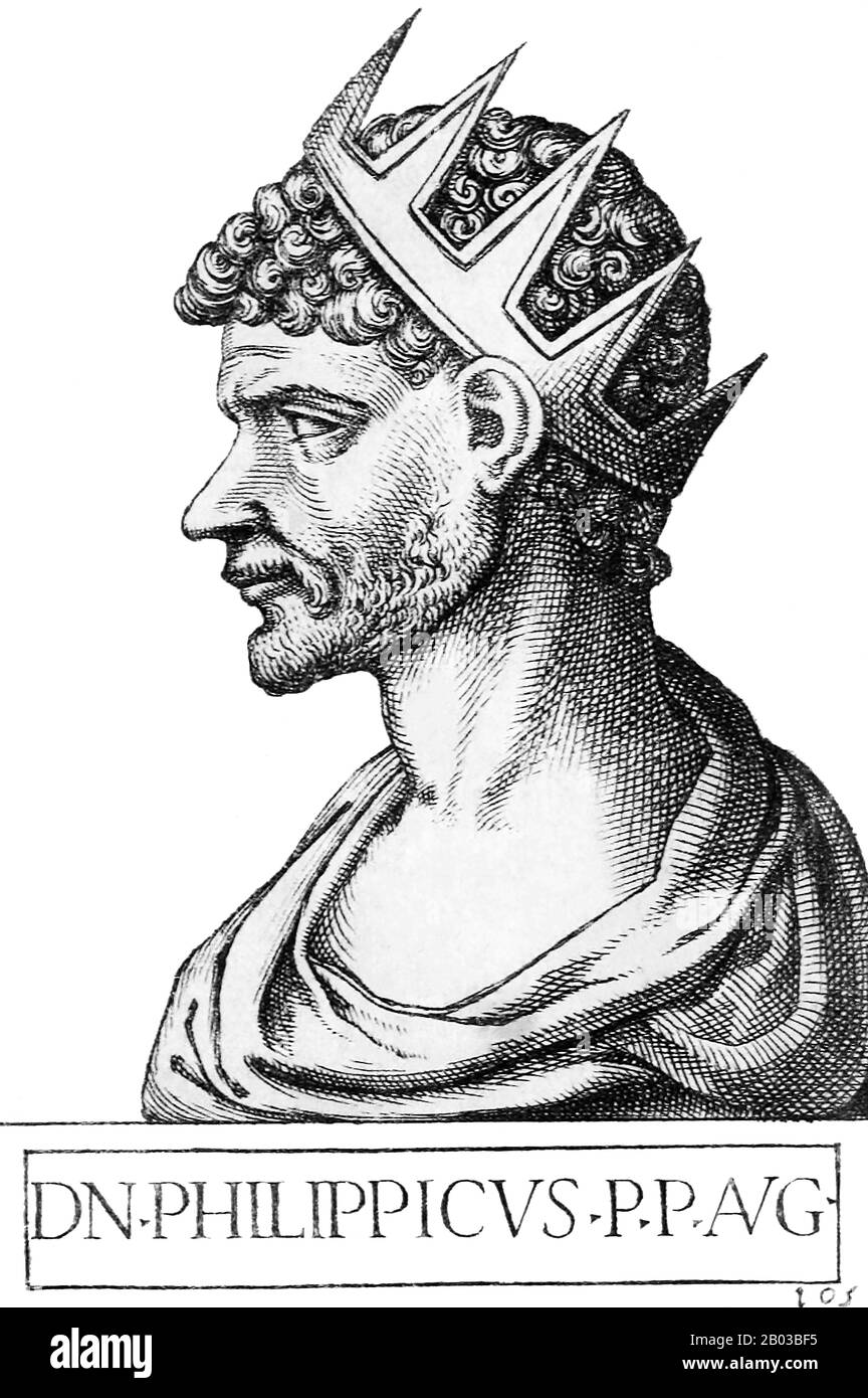 Philipicus (-713), auch als Philippikos Bardanes bekannt, war der Sohn eines Armenpatriziers im Kaisertum byzantinisch. Er wurde 711 Kaiser und reiste bis 713. Stockfoto