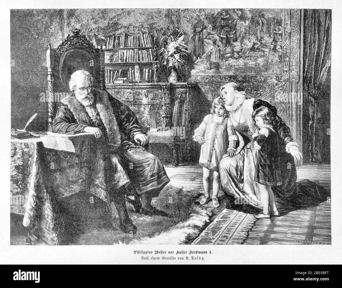 Ferdinand I. (1503-1564) war der Sohn von Philipp I. von Kastilien und der Königin Joanna I. von Kastilien, Enkel von Kaiser Maximilian I. und jüngerer Bruder des zukünftigen Kaiser Karl V. Als Karl V. 1556 abdankte, wurde Ferdinand zu seinem Nachfolger auf dem kaiserlichen Thron gewählt. 1558 heiliger römischer Kaiser werden. Philippine Welser (1527 - 24. April 1580) war die morganatische Ehefrau von Ferdinand II., Erzherzöge von Österreich. Sie erhielt die Titel Baronin von Zinnenburg, Markgravine von Burgau, Landgravine von Mellenburg und Gräfin von Oberhohenberg und Niederhohenberg. Stockfoto