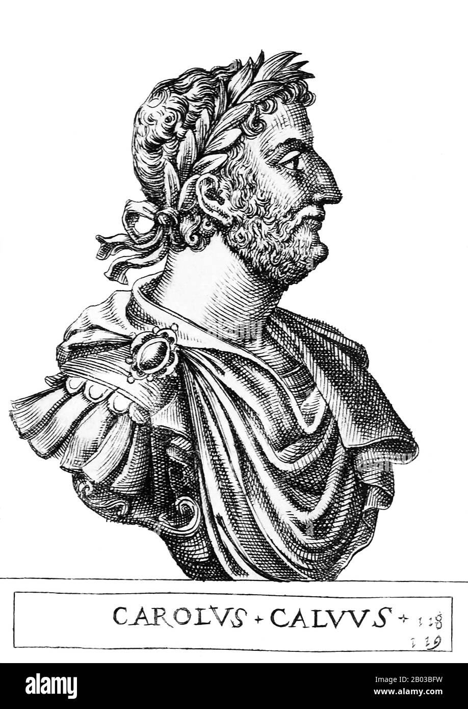 Karl II. (823-877), häufiger genannt Karl der Bald, war der Sohn von Kaiser Louis dem Frommen von seiner zweiten Frau. Als Kaiser Louis II. 875 starb, wurde Karl Kaiser des Heiligen römischen Imperiums. Stockfoto