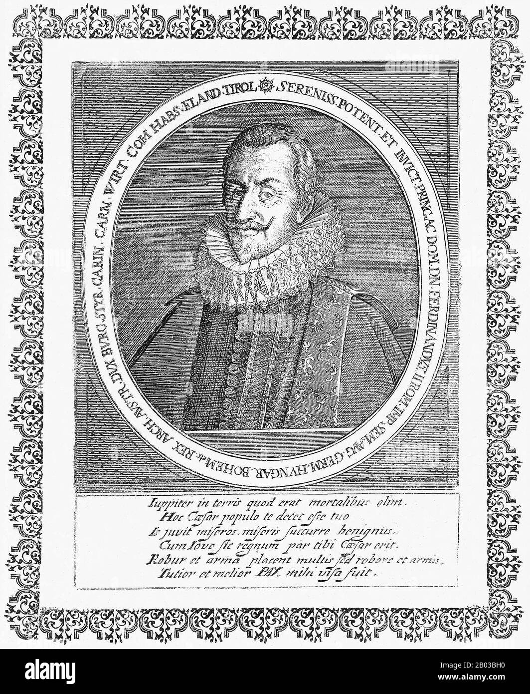 Ferdinand II. (1578-1637) war der Sohn von Karl II., Erzherzog von Österreich, und Enkel von Kaiser Ferdinand I. Ferdinand war Teil einer katholischen Fraktion, die sich gegen seinen Vetter Kaiser Matthias richtete, der dem Protestantismus gegenüber toleranter war. Er wurde 1617 König von Böhmen, 1618 König von Ungarn und wurde 1619 nach dem Tod seines Vetters Heiliger römischer Kaiser. Stockfoto