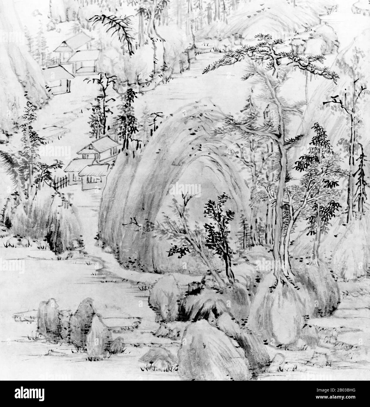 China: 'Landschaft im Stil von Huang Gongwang'. Ausschnitt aus hängendem Schriftbild von Mo Shilong (1537-1587), 1581. Mo Shilong (1537-1587) war ein chinesischer Künstler, der während der Ming-Dynastie lebte. Mo Shilong war in Kalligraphie und Malerei begabt, obwohl seine Karriere durch seinen frühen Tod unterbrochen wurde. Stockfoto