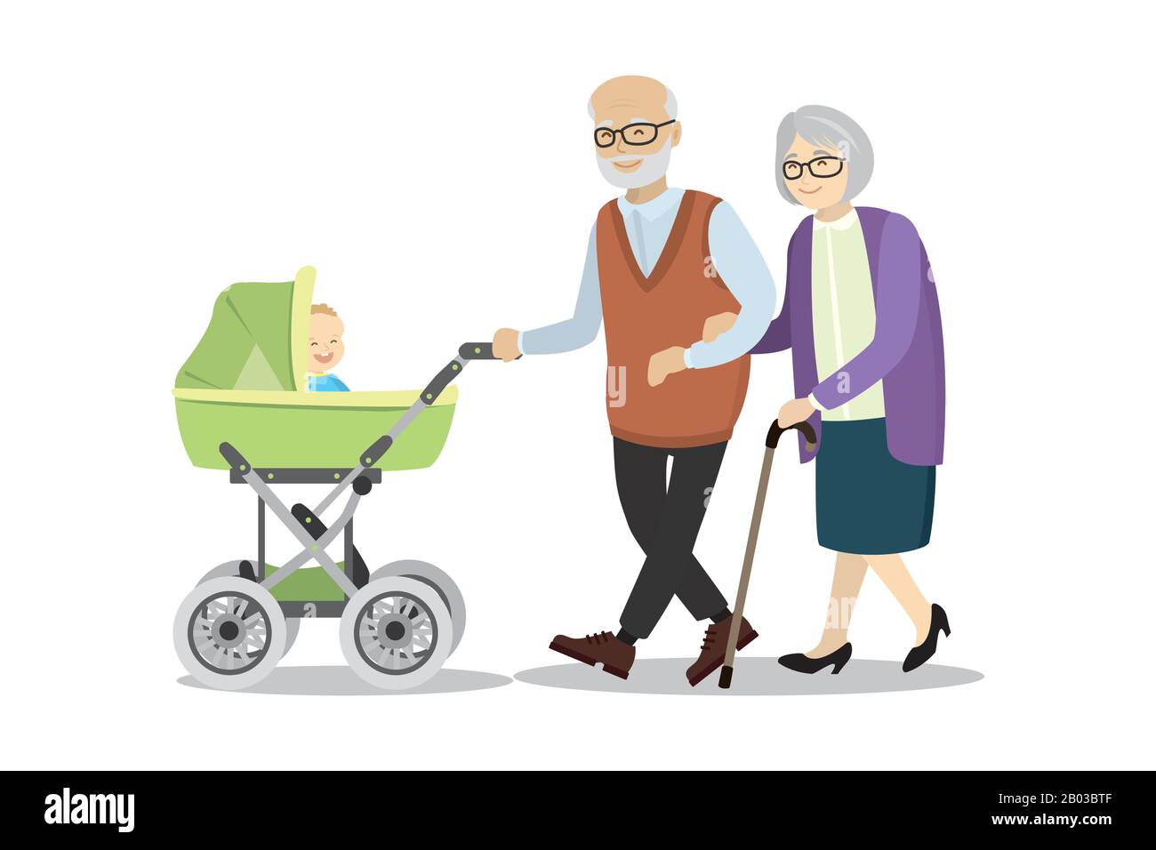 Großmutter und Großvater mit Kinderwagen und Baby, isoliert auf weißem Hintergrund, Cartoon-Vektor-Illustration Stock Vektor