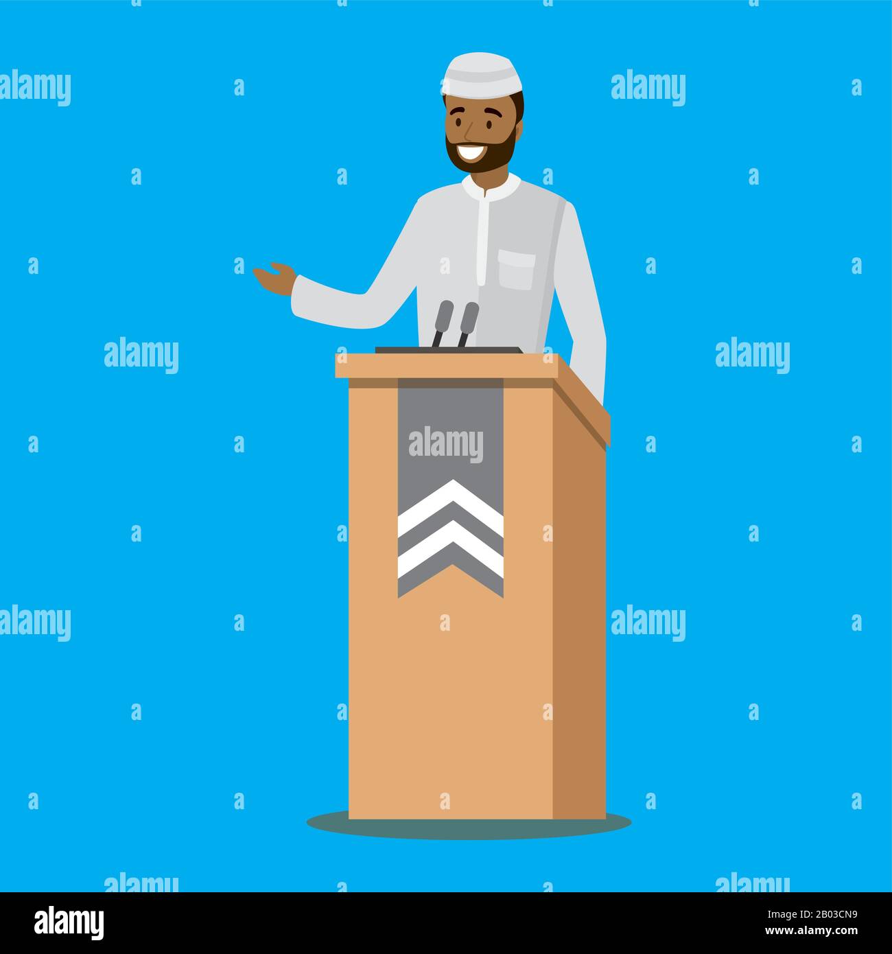 Muslimischer Politiker spricht.arabischer Mann hält Rede von Tribüne mit Mikrofonen. Vektor-Cartoon-Illustration isoliert auf blauem Hintergrund. Stock Vektor