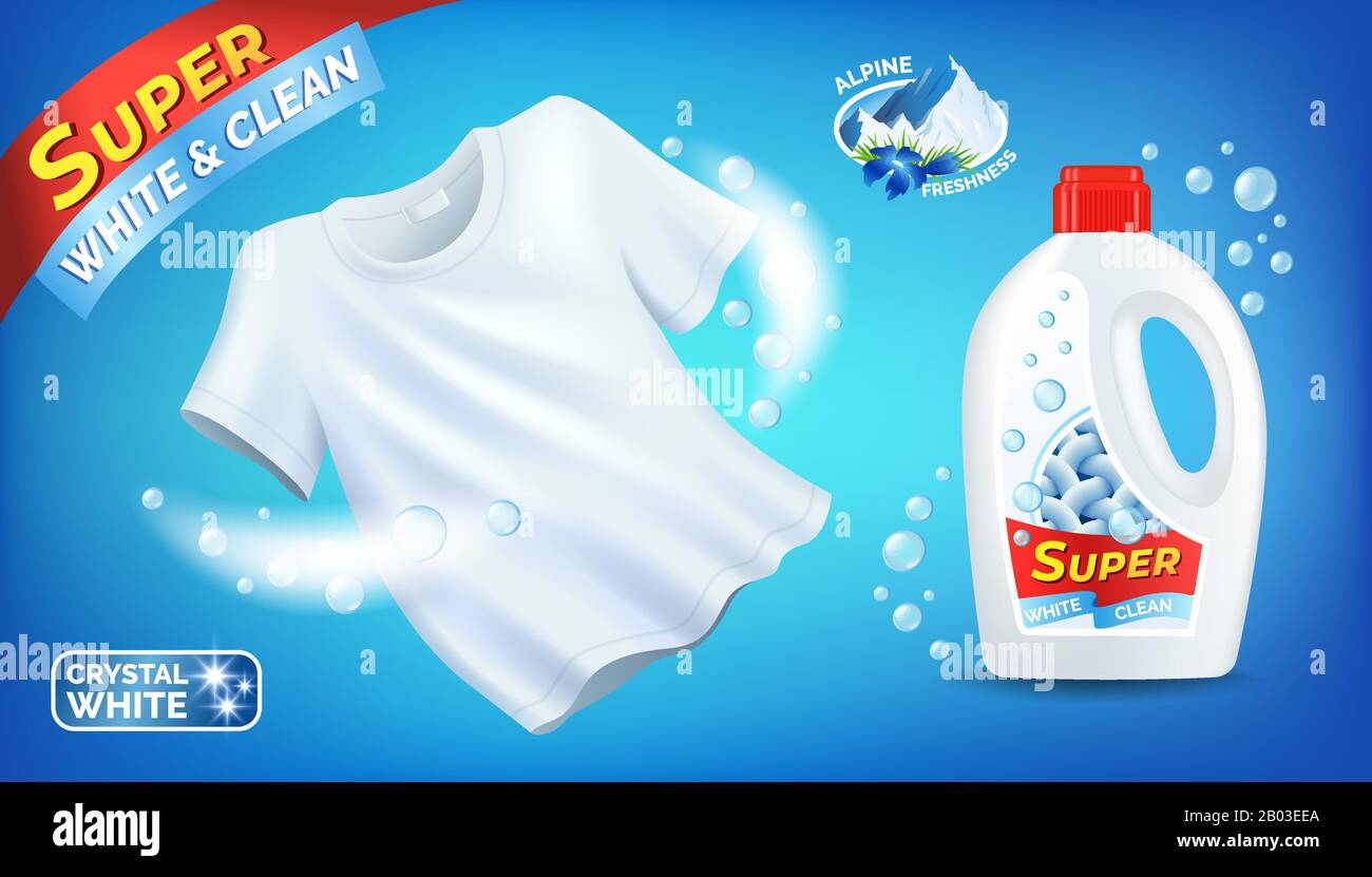 Waschmittelwerbung mit sauberem weißem T-Shirt und flüssigem Produktpaket, Kunststoffflasche mit Etikett, Alpine Frische-Parfüm, Vektorgrafiken. Stock Vektor