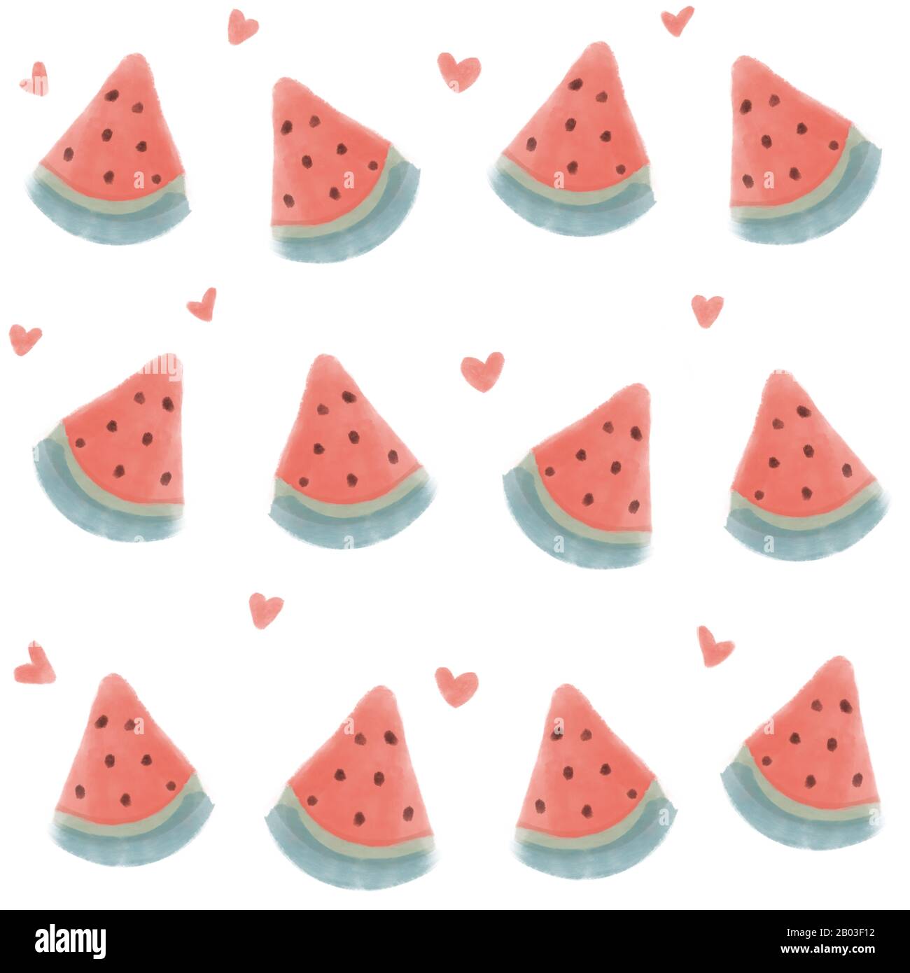 Niedlichen Sommer nahtlose Muster Hintergrund Illustration mit Aquarell Wassermelonen Scheibe und Herzen Stockfoto