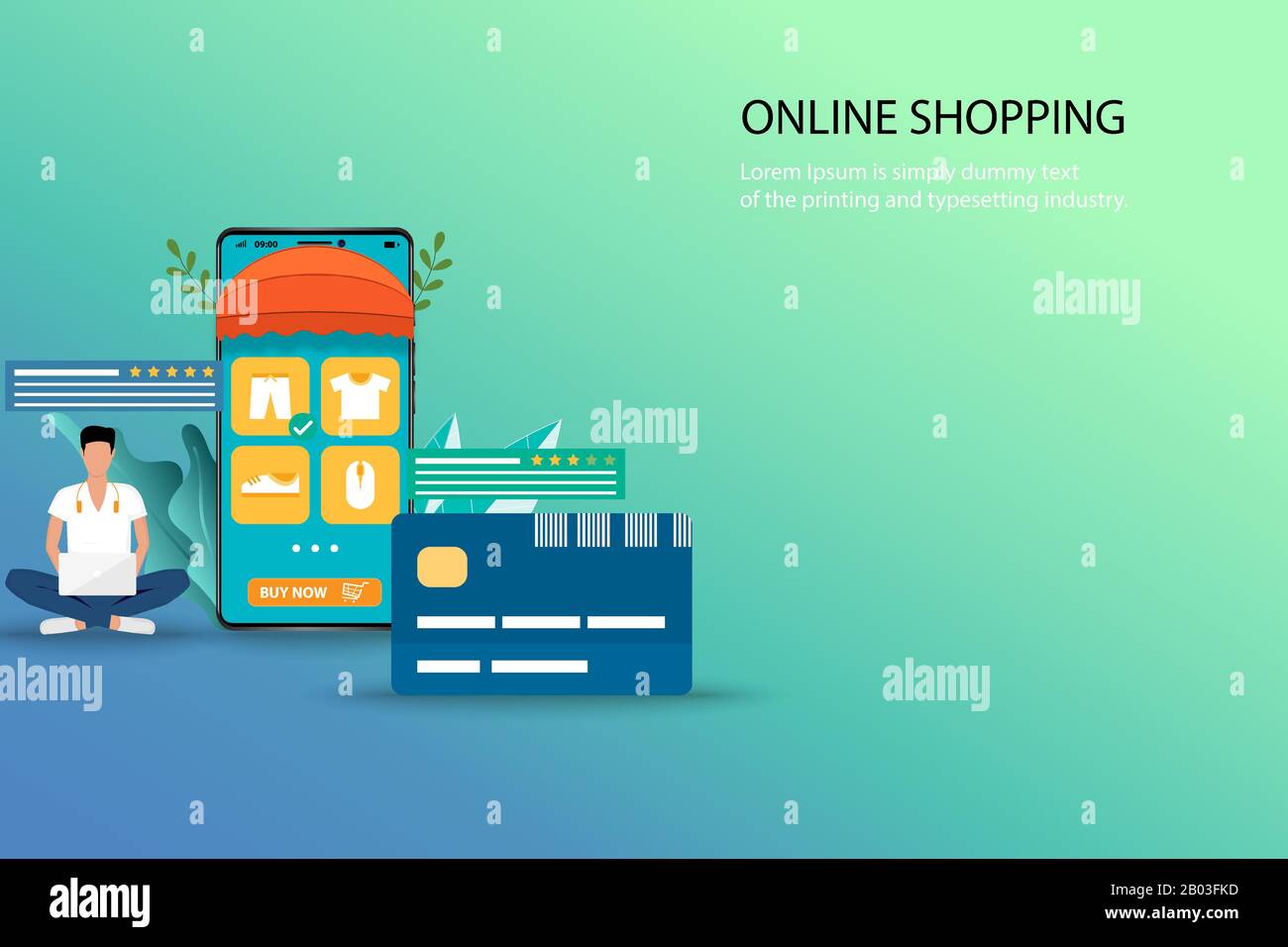 Geschäftskonzept des Online-Einkaufs sucht ein Mann auf seinem Laptop nach einer neuen Hose und sitzt in der Nähe einer großen Kreditkarte und eines Smartphones. Stock Vektor