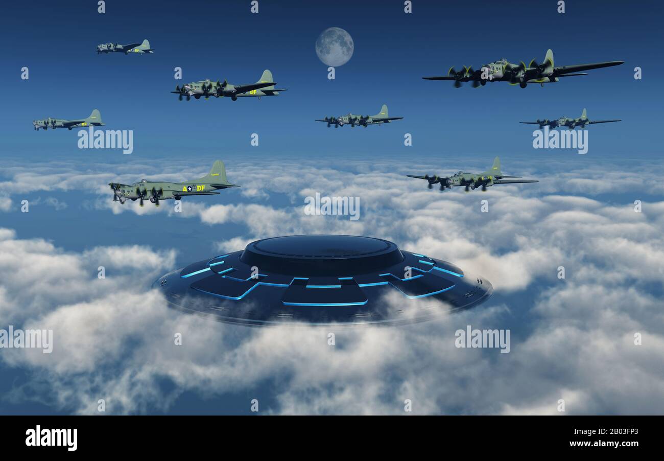 Fliegende Fortress Bomber treffen auf EIN UFO Stockfoto