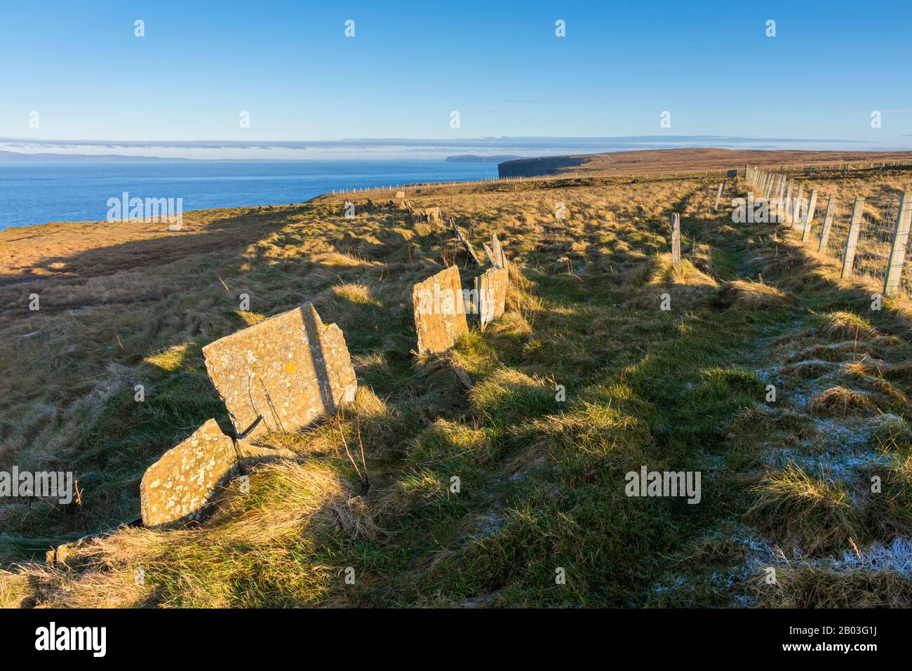 Platten aus Caithness Sandstein, früher als Feldgrenzen verwendet, in der Nähe von Holborn Head, Scrabster, in der Nähe von Thurso, Caithness, Schottland, Großbritannien. Stockfoto