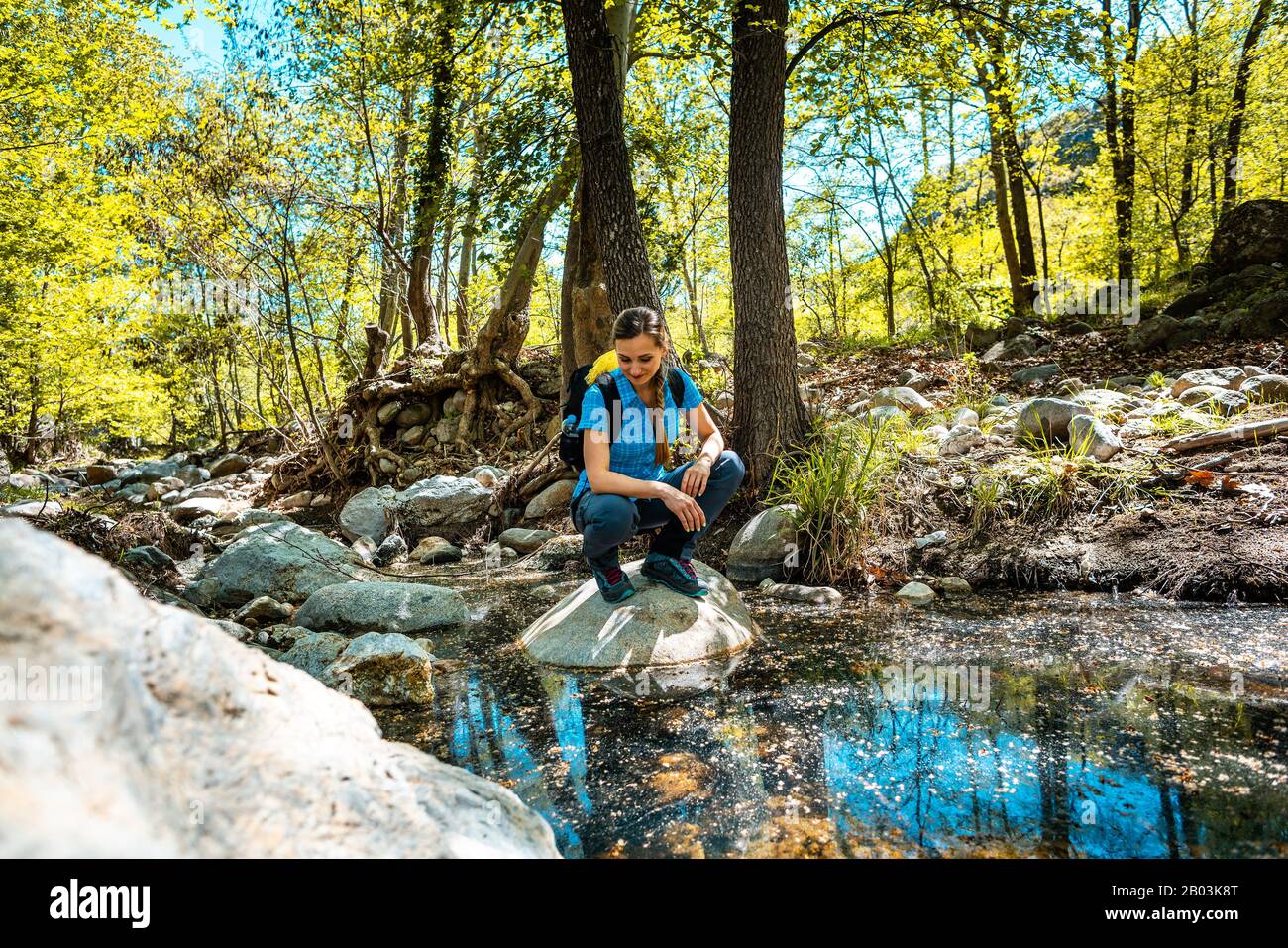Wanderfrau, die auf einem Stein inmitten eines Baches sitzt, der am Wald vorbeigeht Stockfoto