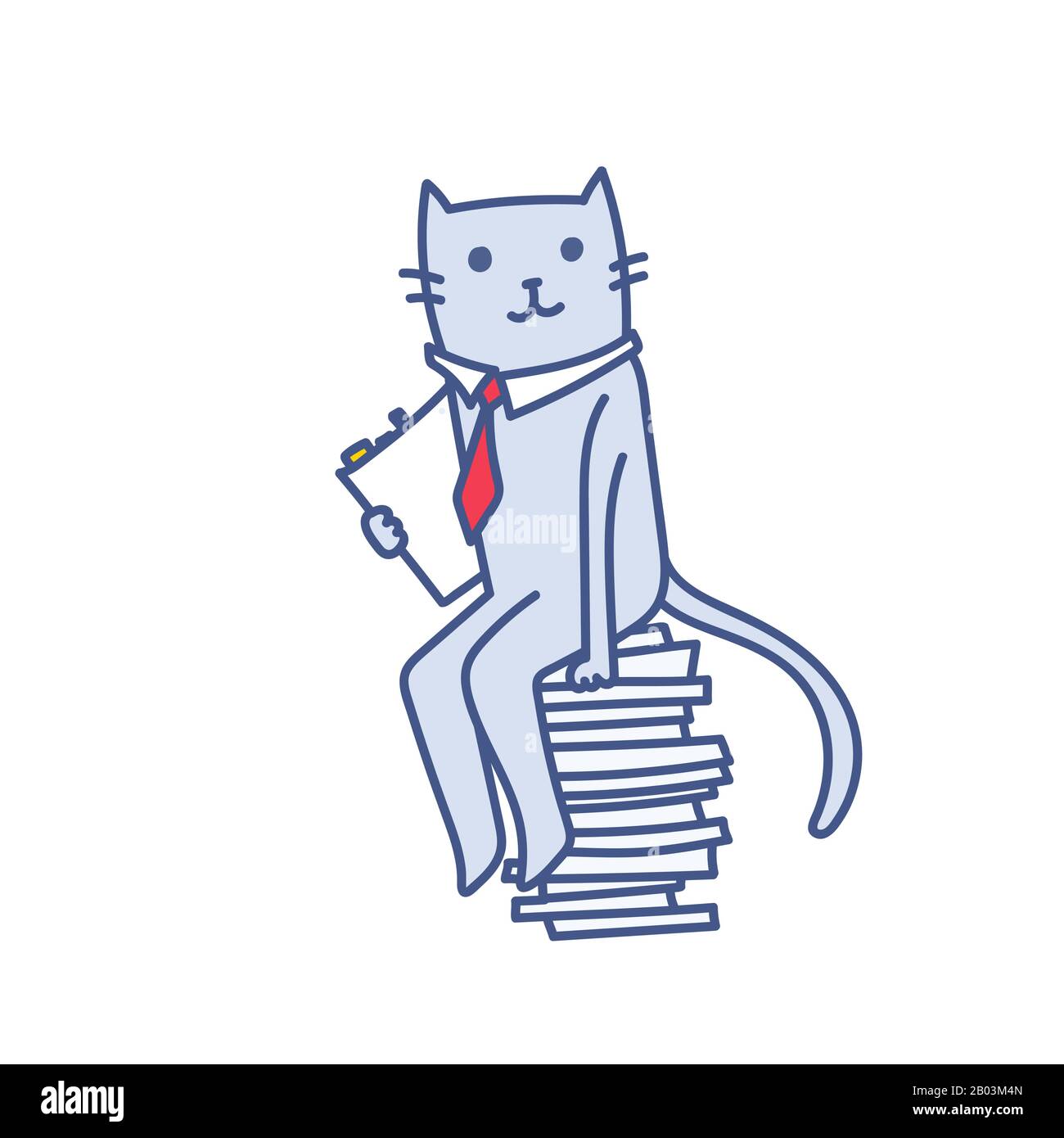 Cartoon Business CAT mit Dokumentenordner auf einem Stapel von Ordnern, erfolgreiche Buchhaltung, Vektorgrafiken isoliert auf weiß. Konz Stock Vektor
