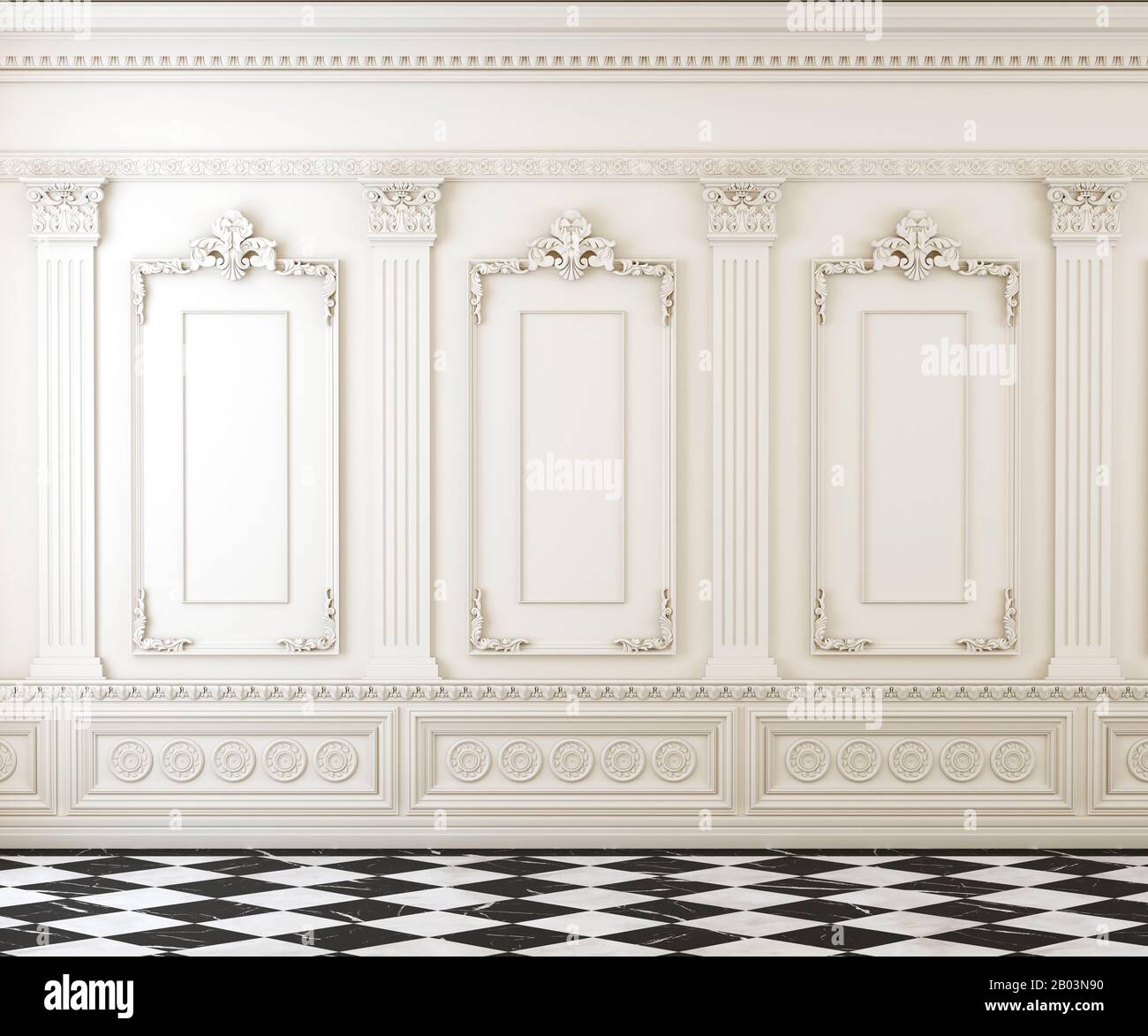 Leerer Classic-Raum mit Zierleiste an der Wand und kariertem Marmorfoor, weißer, leerer Innenraum mit Kopierraum, architektonischem Mockup, 3D-Rendering Stockfoto