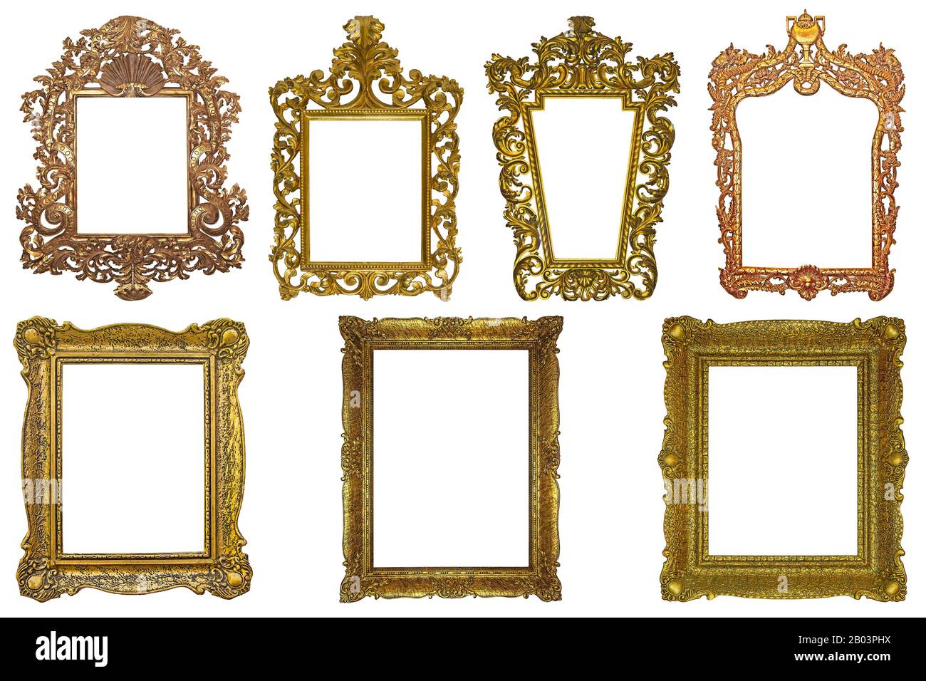 Satz mit rechteckigen, Dekorativen goldfarbenen Holzrahmen aus Vintage-Holz, isoliert auf weißem Hintergrund Stockfoto