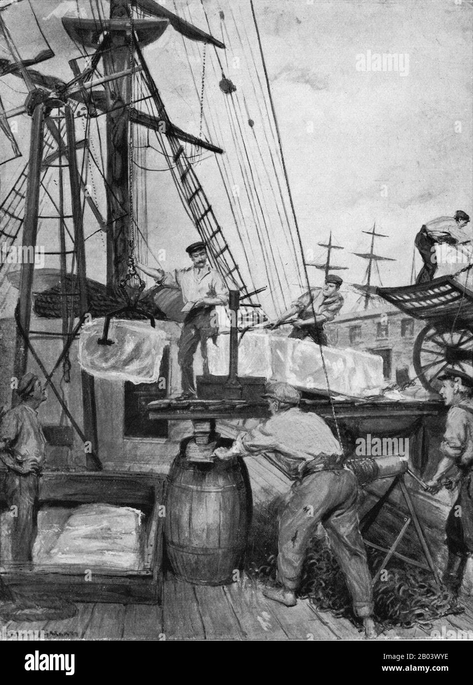 Archivillustration um 1900 eines norwegischen Schiffes, das Eisblöcke an ein Dock in London liefert. Der gefrorene Wasserhandel, einst ein bedeutender Export für die norwegische Wirtschaft, wurde Eisblöcke aus gefrorenen Seen geschnitten und in den Tagen vor der Entwicklung der Kühltechnologie weltweit exportiert Stockfoto