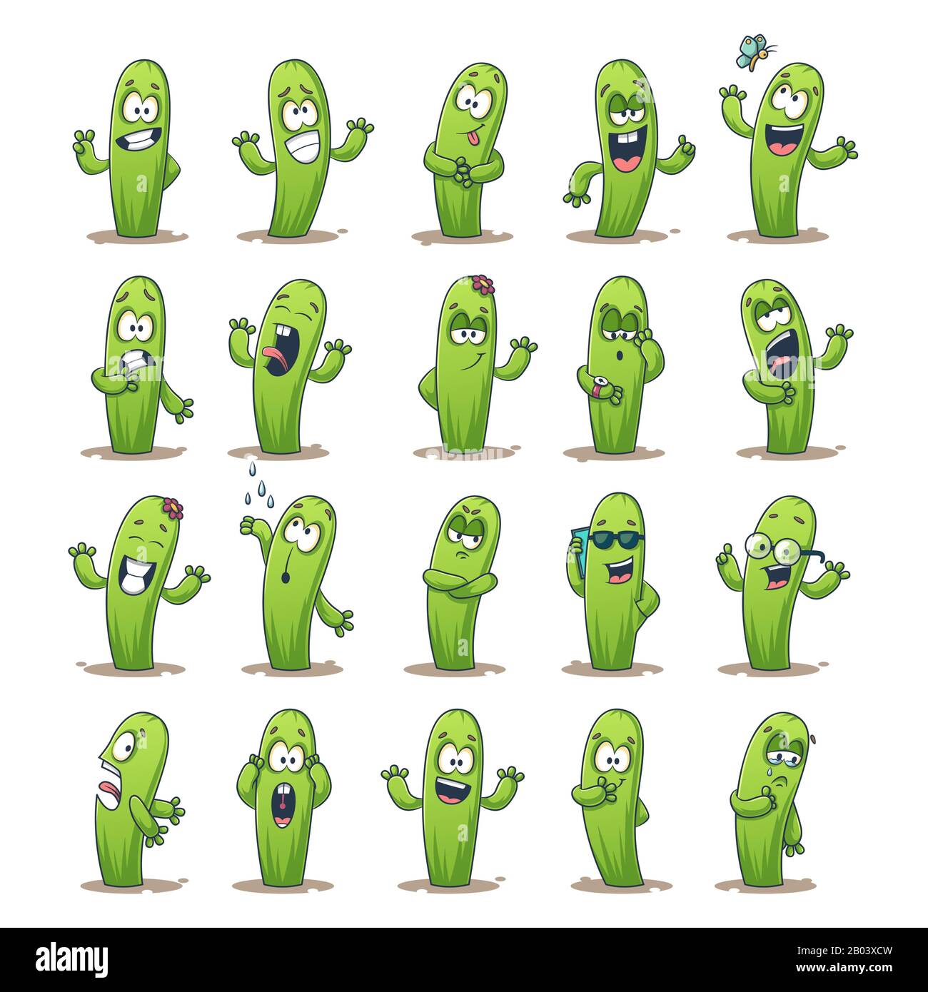 Kaktusaufkleber Set. Satz süßer Cartoon-Charaktere. Vektorsammlung für Aufkleber, Flecken, Abzeichen, Stifte. Stock Vektor