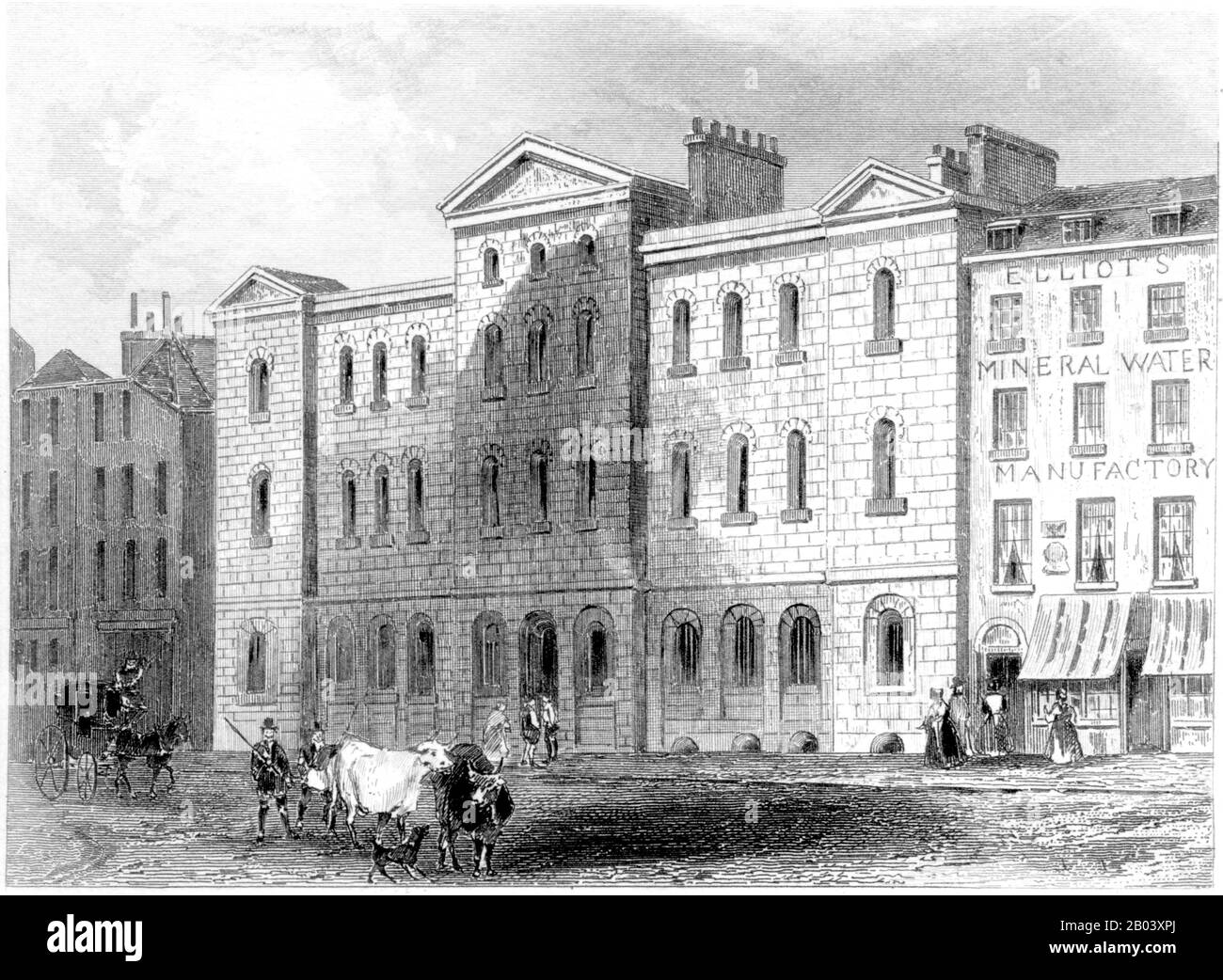 Eine Gravur von Giltspur Street compter, London, UK, gescannt in hoher Auflösung aus einem Buch, das 1851 gedruckt wurde. Für urheberrechtlich frei gehalten. Stockfoto