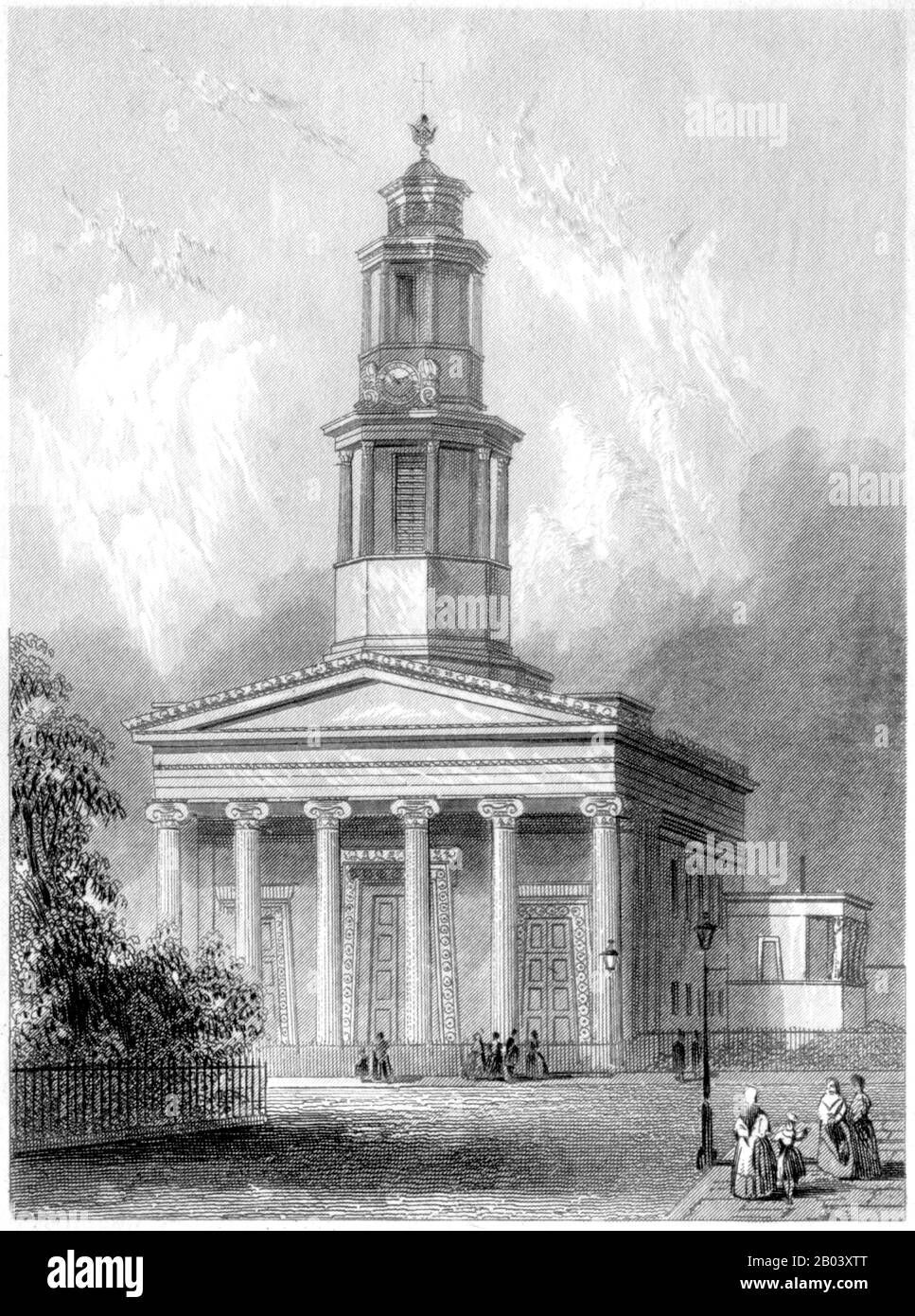 Gravur der St Pancras New Church, London, gescannte in hoher Auflösung aus einem Buch, das im Jahr 1851 gedruckt wurde. Es wird angenommen, dass dieses Bild frei von allen Urheberrechten ist. Stockfoto