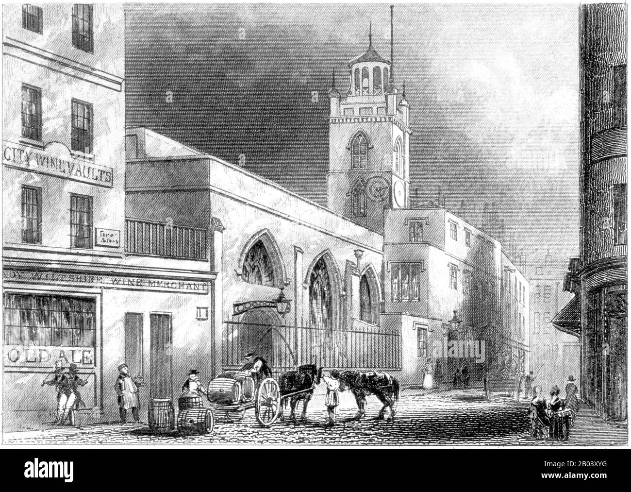 Eine Gravur der Cripplegate Church, London, gescannte mit hoher Auflösung aus einem Buch, das im Jahr 1851 gedruckt wurde. Es wird angenommen, dass dieses Bild frei von allen Urheberrechten ist. Stockfoto