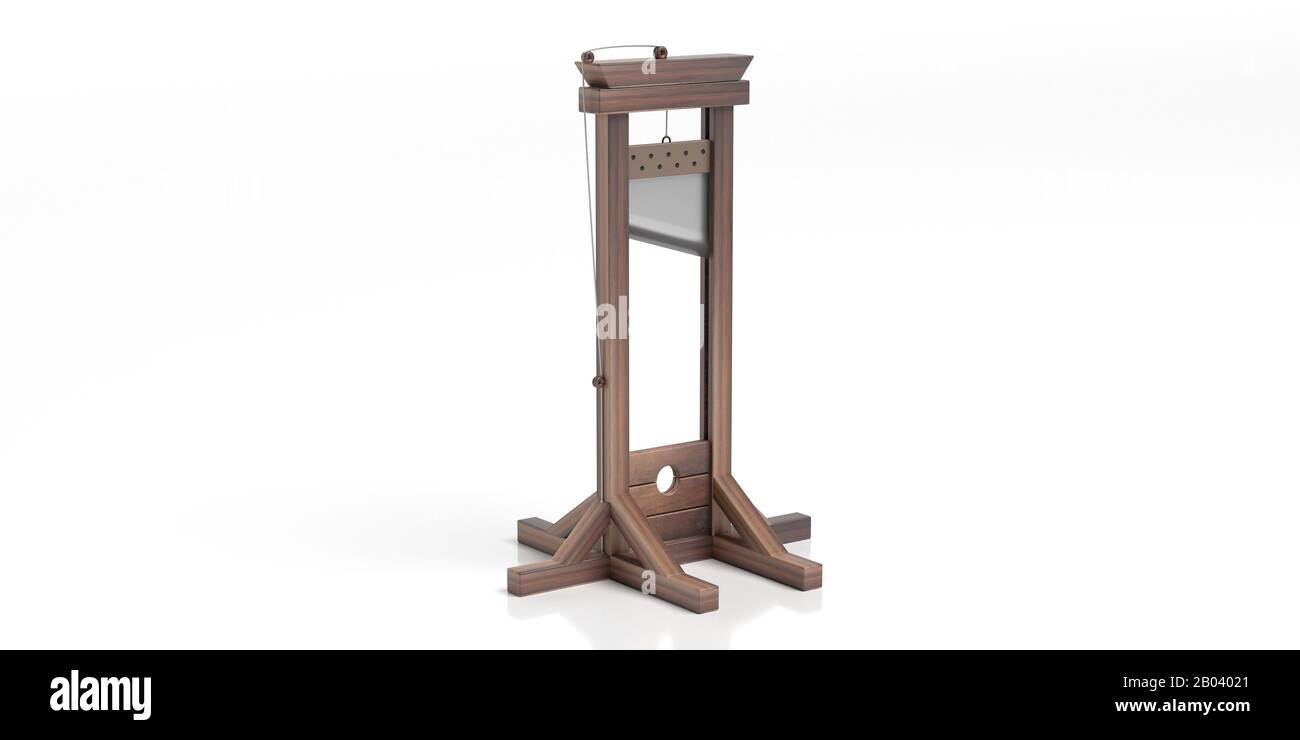 Guillotine, Kopf, Dekapitationsholzinstrument isoliert vor weißem Hintergrund. Todesstrafe, Konzept zur Ausführung von Todesstrafe. 3D-Illustration Stockfoto