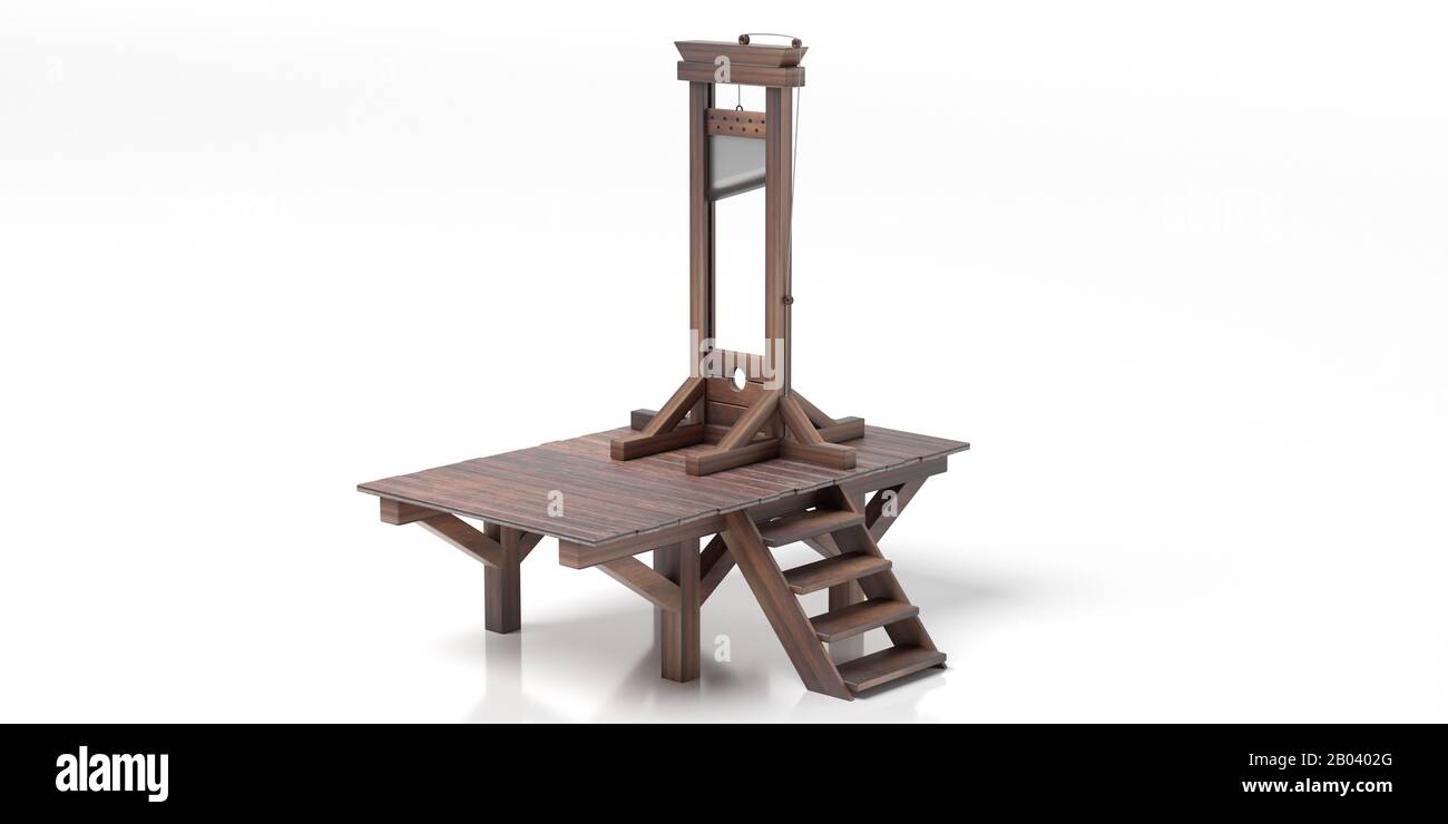 Guillotine, Kopf, Dekapitationsholzinstrument isoliert vor weißem Hintergrund. Todesstrafe, Konzept zur Ausführung von Todesstrafe. 3D-Illustration Stockfoto