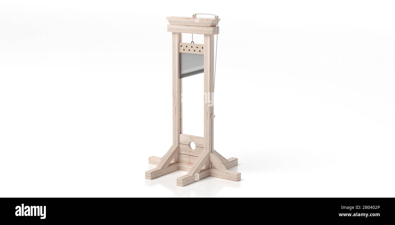Guillotine, Todesstrafe, Konzept zur Ausführung von Todesstrafe. Kopf, Dekapitationsholzinstrument isoliert vor weißem Hintergrund. 3D-Illustration Stockfoto
