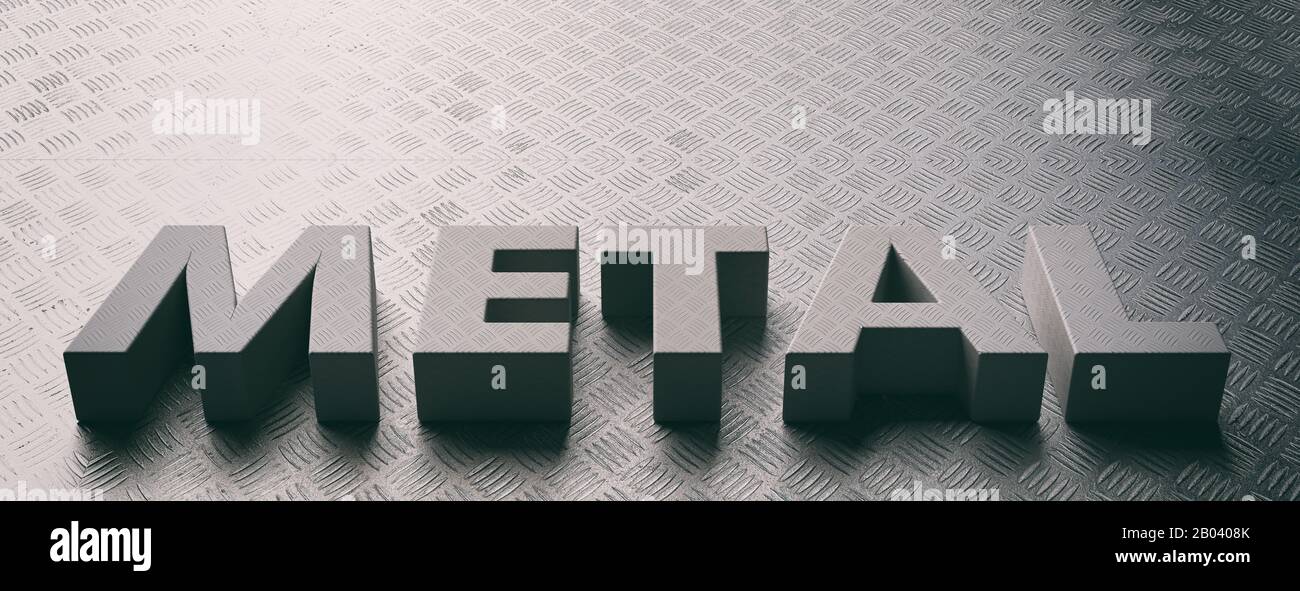 Metallworttext, Metallschachtelboden-Buchstaben Material und Hintergrund, Metallic-Blechprüfmuster Boden. 3D-Abbildung Stockfoto