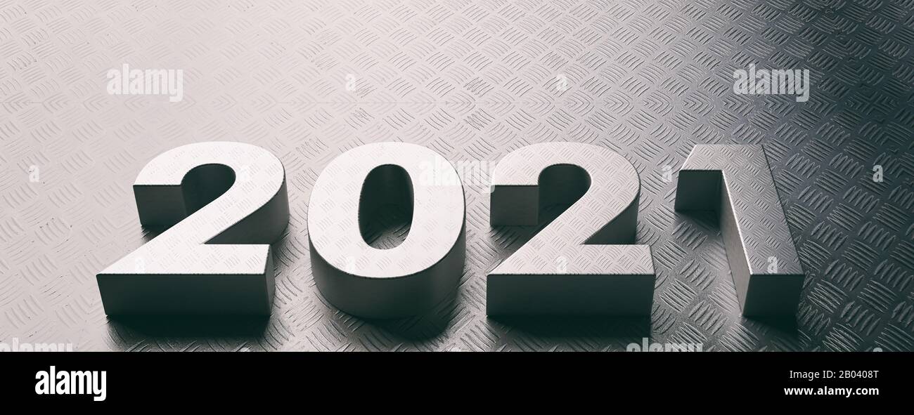 2021 Neujahr, Metallschachbrettmuster Material und Hintergrund, Metallmetallic Blechschachbrettmuster Boden. 3D-Abbildung Stockfoto