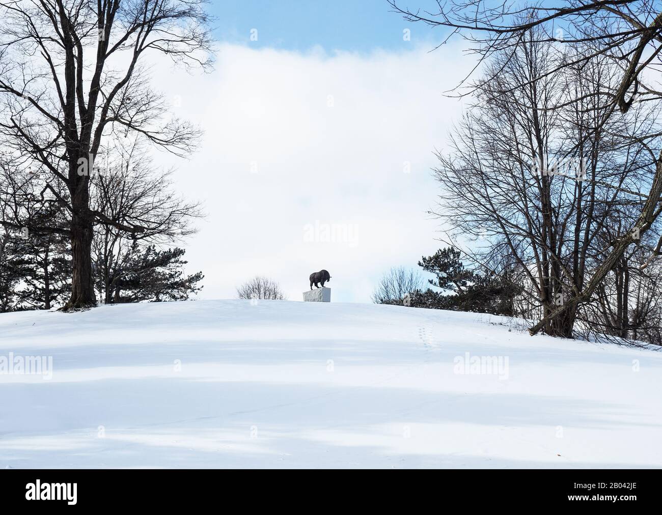 Syrakus. New York, USA. Februar 2020. Blick auf die Ziegenstatue des Berges im Upper Onondaga Park, ein Denkmal, das den jährlichen Syracuse Mount feiert Stockfoto