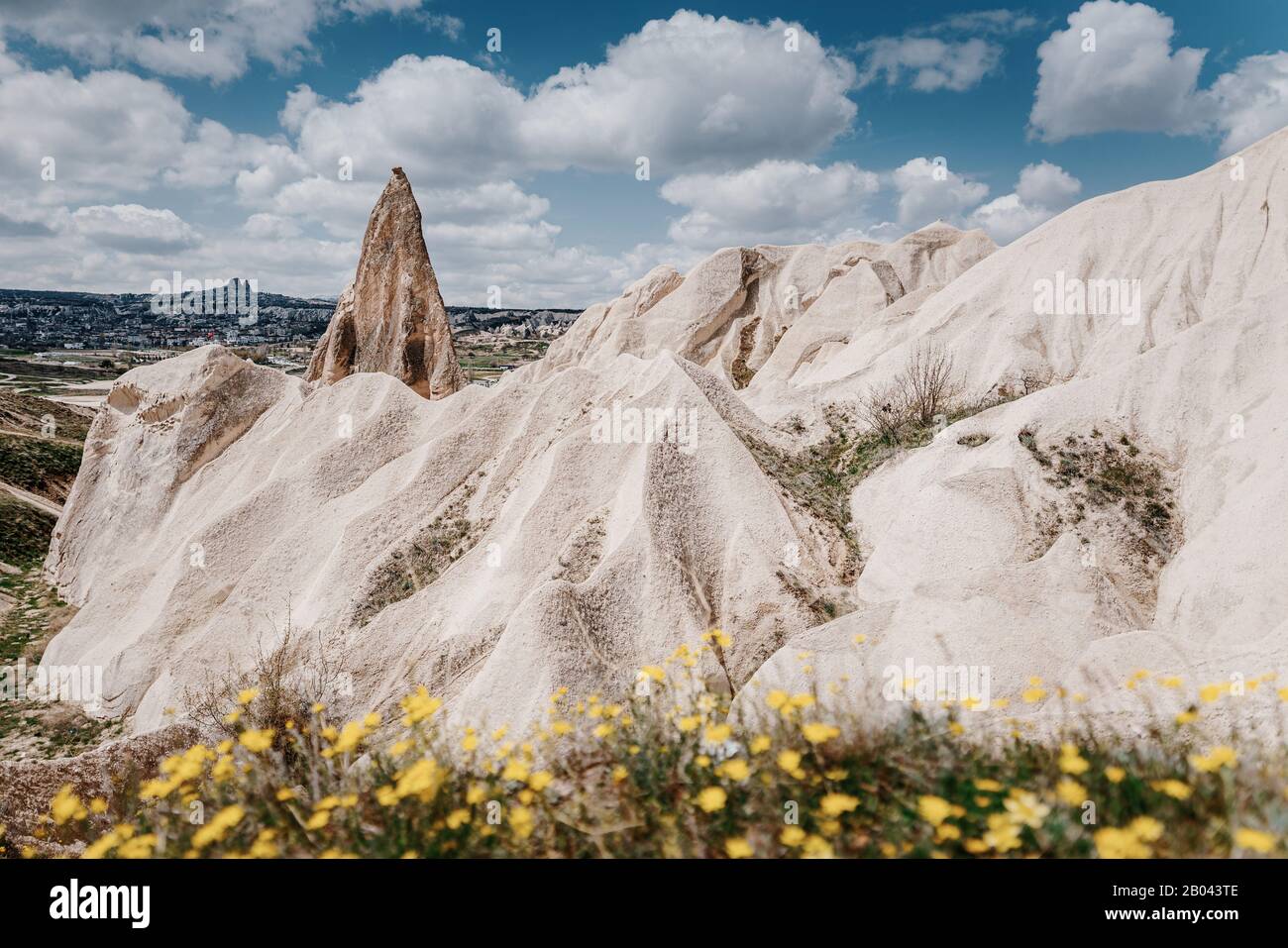Frühling in Kappadokien, Türkei. Fee Chimney Rock Formationen mit Blumen Stockfoto