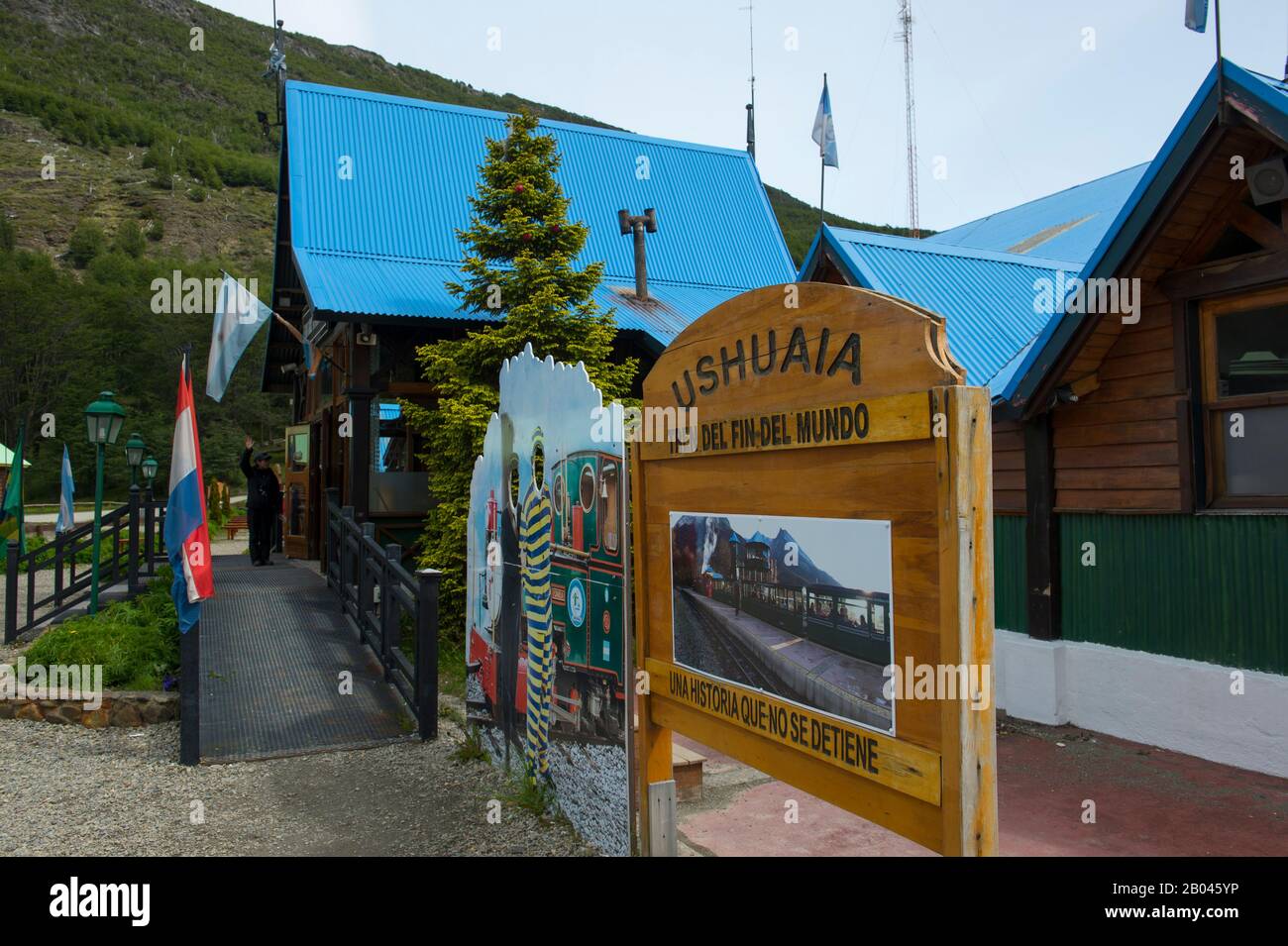 Der Bahnhof für Das Ende der World Railroad in Ushuaia, der Hauptstadt von Feuerland in Argentinien. Stockfoto