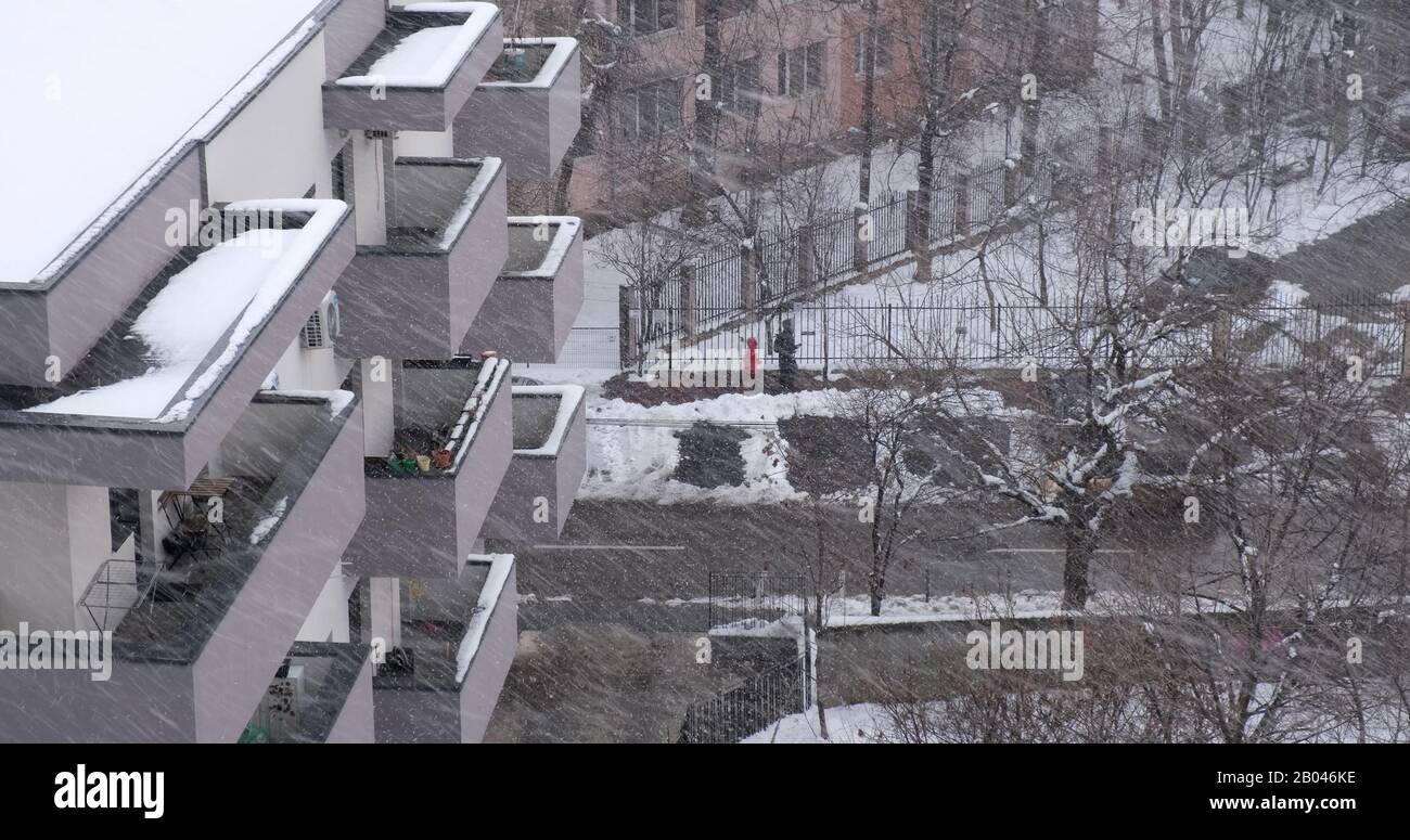 Starker Schneefall und Wind wehende Schneeflocken seitlich, gegen ein Muster offener Balkone eines Apartmentgebäudes in Bukarest, Rumänien. Stockfoto