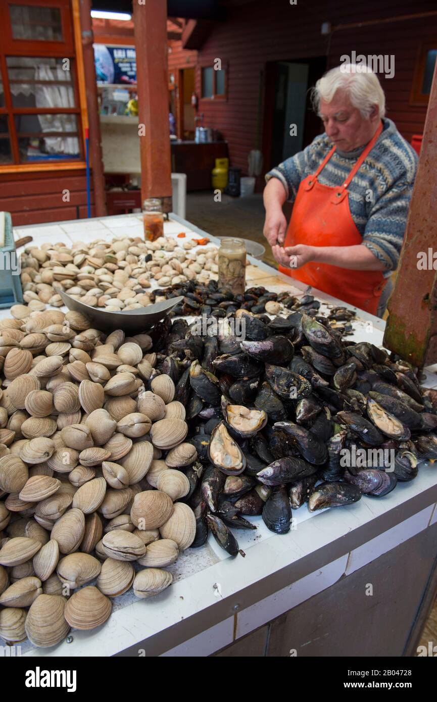 Marktszene mit Fischstand und Menschen, die Muscheln und Muscheln in der Markthalle in Angelmo, Puerto Montt im Süden Chiles reinigen. Stockfoto