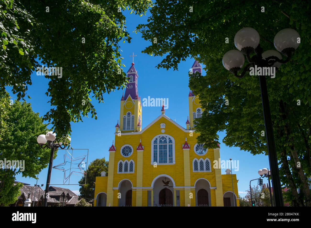 San Francisco Church (erbaut 1906), ein UNESCO-Weltkulturerbe in Castro, Chiloe Island, Südchile. Stockfoto