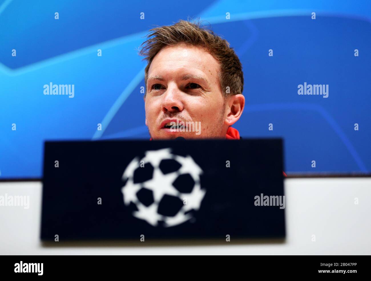 RB-Leipziger Manager Julian Nagelsmann während der Pressekonferenz im Tottenham Hotspur Stadium, London. Stockfoto