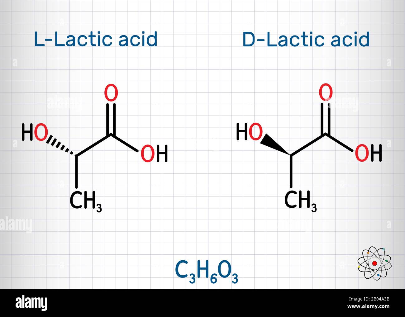 L-Milchsäure und D-Milchsäure, Lactat, Milchzucker, C3H6O3-Molekül. Es ist chiral, bestehend aus zwei Enantiomeren. Strukturelle chemische Formel. Shee Stock Vektor