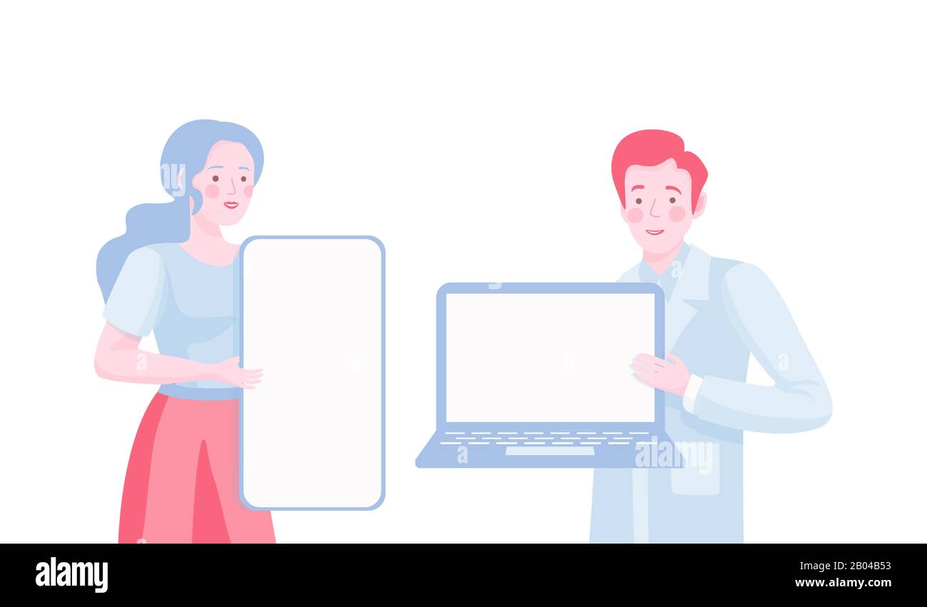Junge Frau und Mann in legerer Kleidung, die Smartphone und Laptop vektorflache Illustration hält. Soziale Netzwerke, Internetkommunikation, Geschäftspräsentation, Online-Werbekonzept. Stock Vektor