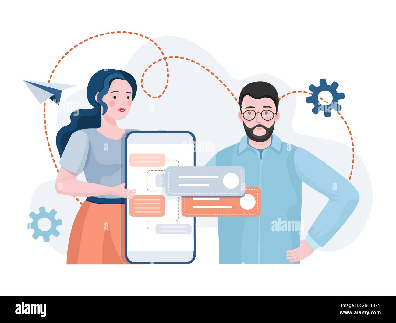 Junge Profis entwickeln mobile Apps. Frau und Mann arbeiten auf der Website oder Anwendungsdesign Vektorgrafiken. Internettechnologien, Geschäftsprozesskonzept. Stock Vektor