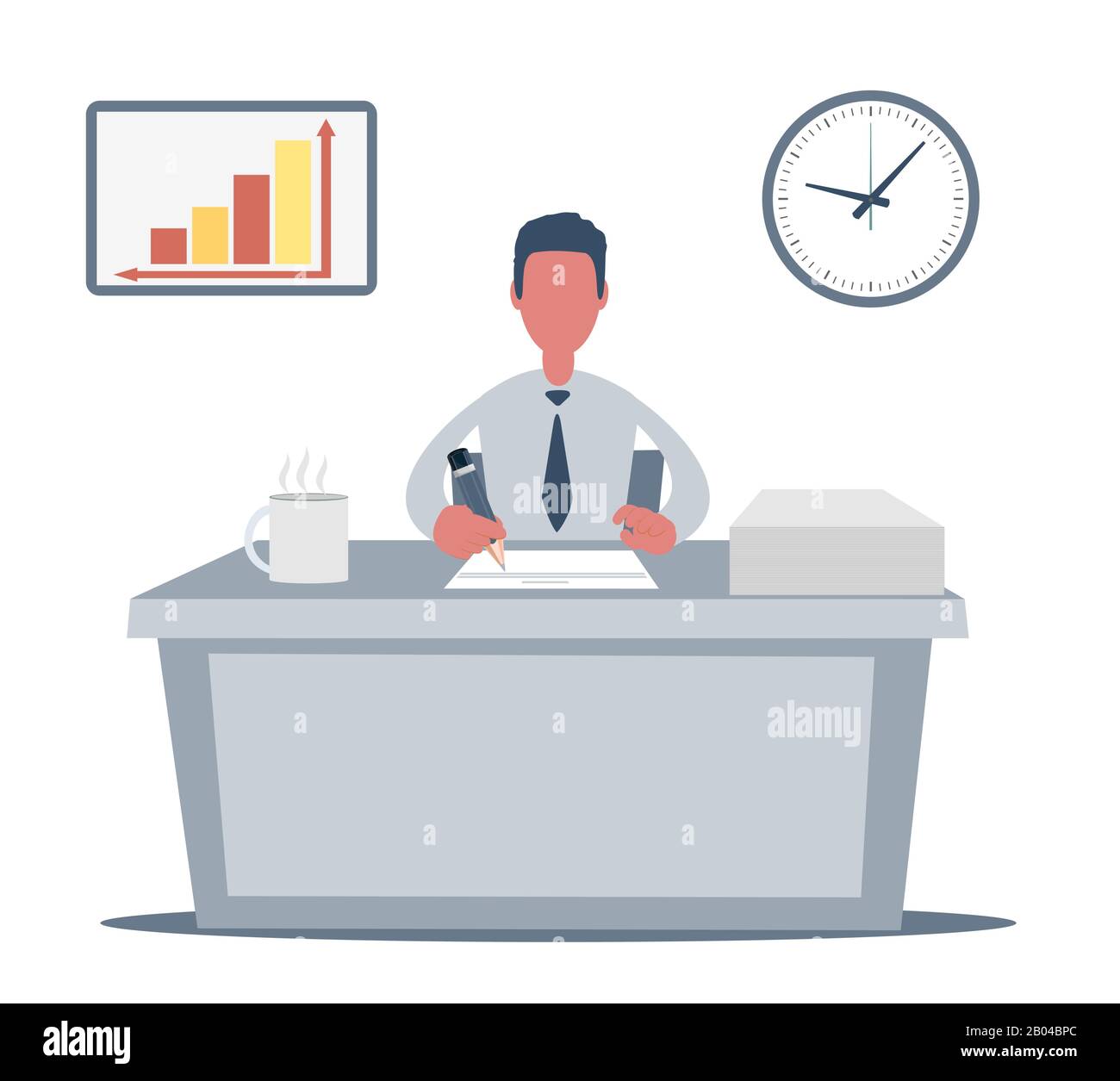 Business man Unternehmer, der an seinem sauberen und schlanken Büroschreibtisch arbeitet. Stock Vektor