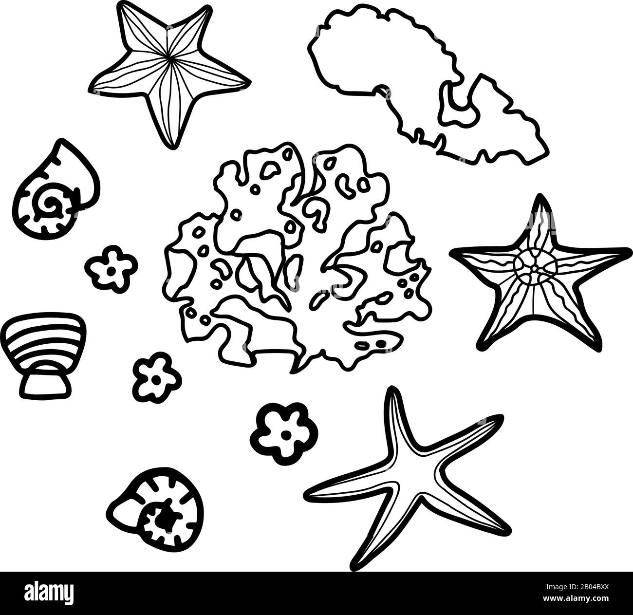 Mit Meeresalgen, Seesterne, Muscheln im Doodle-Stil, isoliert auf weißem Hintergrund.Underwater. Abbildung der Vektorkonturen. Stock Vektor