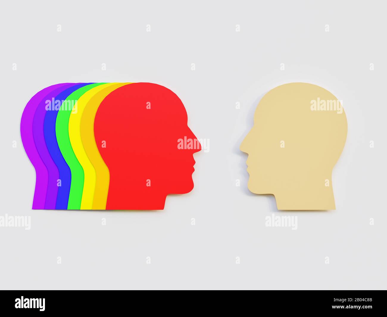 Männer, Die Mehreren Männern Gegenüberstehen, haben Regenbogenfarben in Verbindung mit LGBT Community Minimalism Cut Paper Art - 3D Rendering Concept Stockfoto