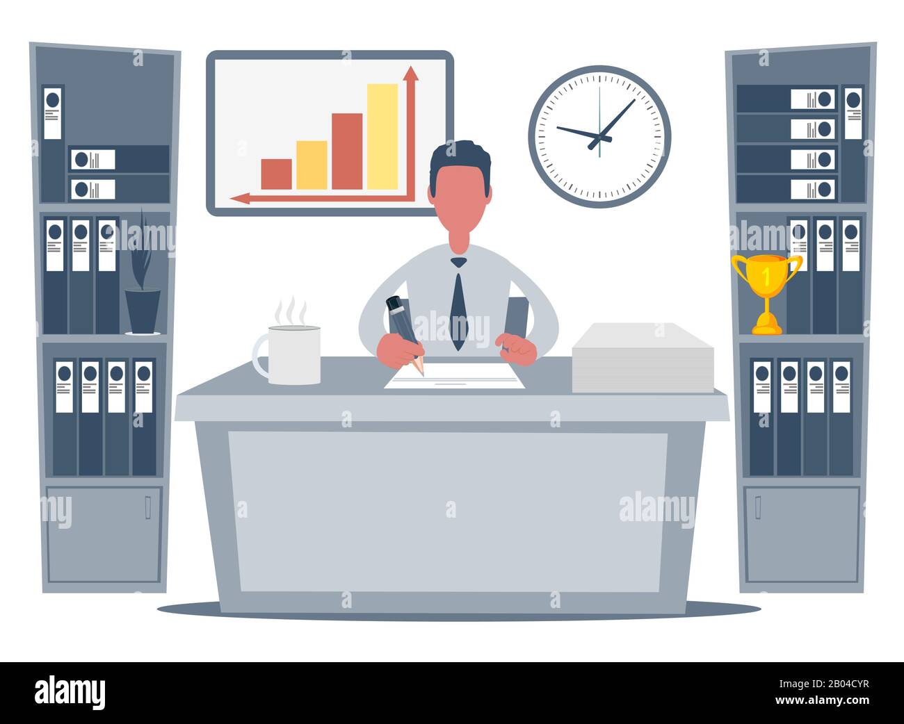 Business man Unternehmer, der an seinem sauberen und schlanken Büroschreibtisch arbeitet. Stock Vektor